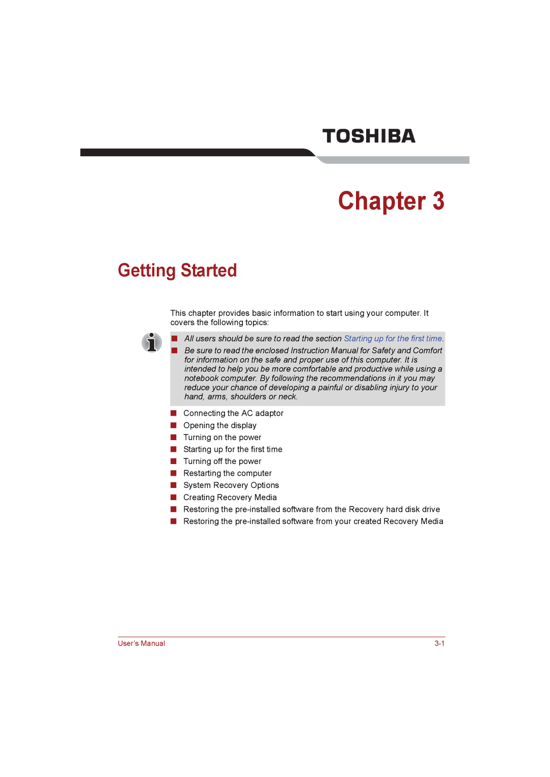 Toshiba NB255N245 user manual Getting Started 