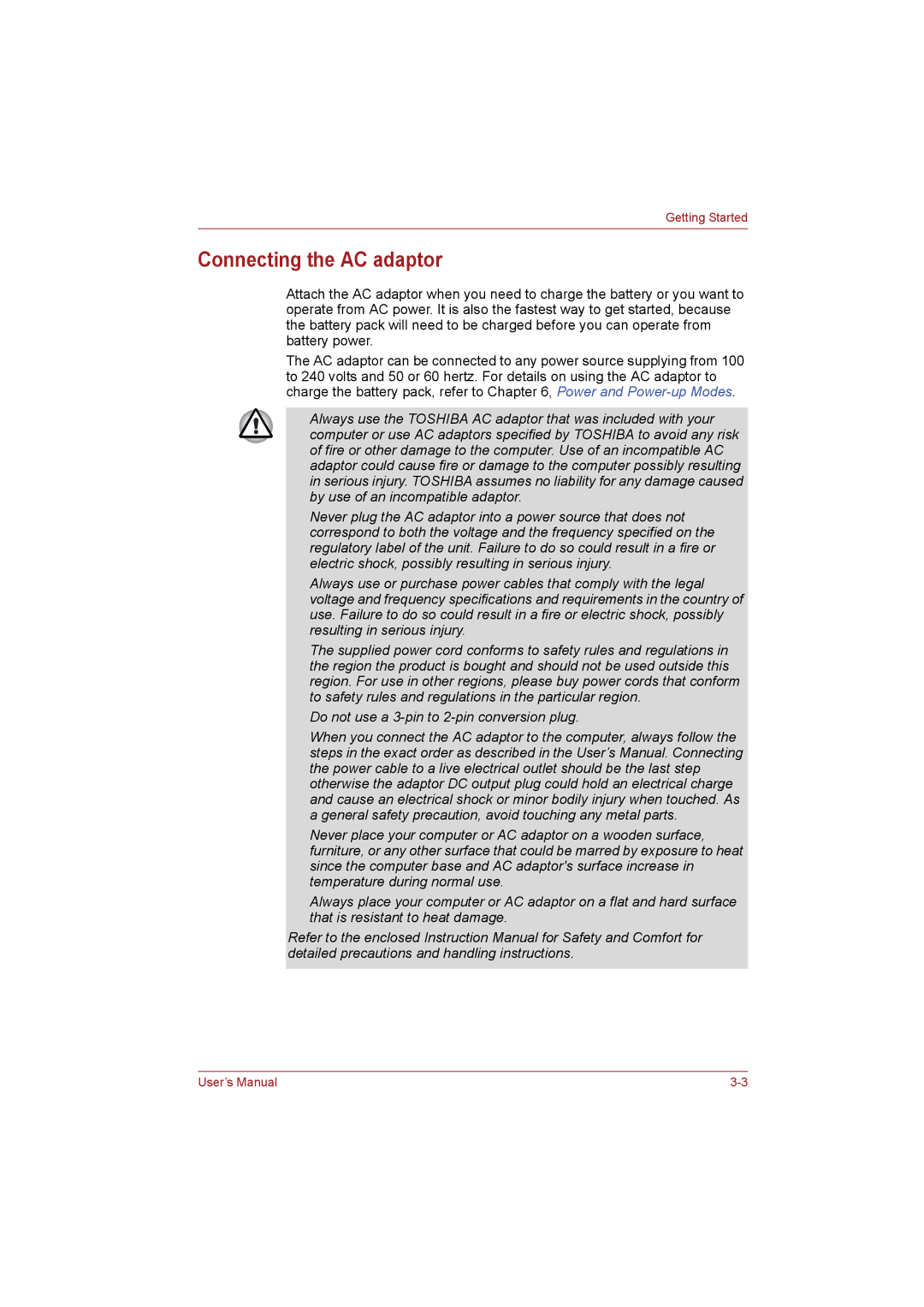 Toshiba NB255N245 user manual Connecting the AC adaptor 