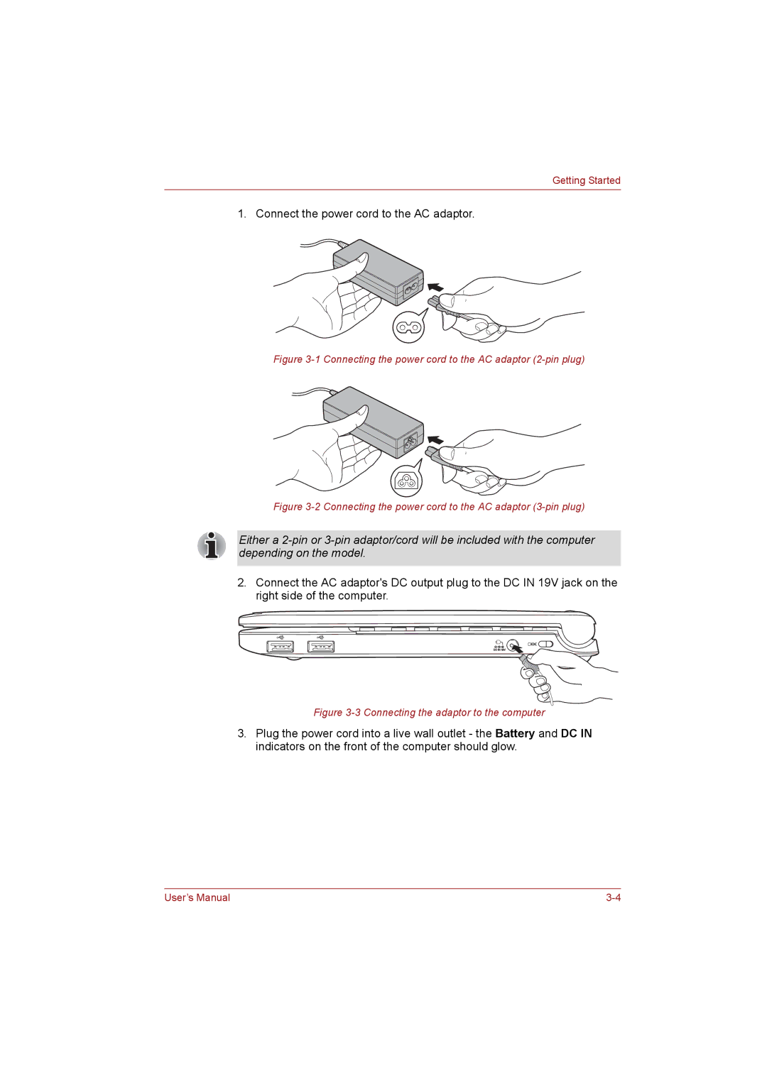 Toshiba NB255N245 user manual Connect the power cord to the AC adaptor 