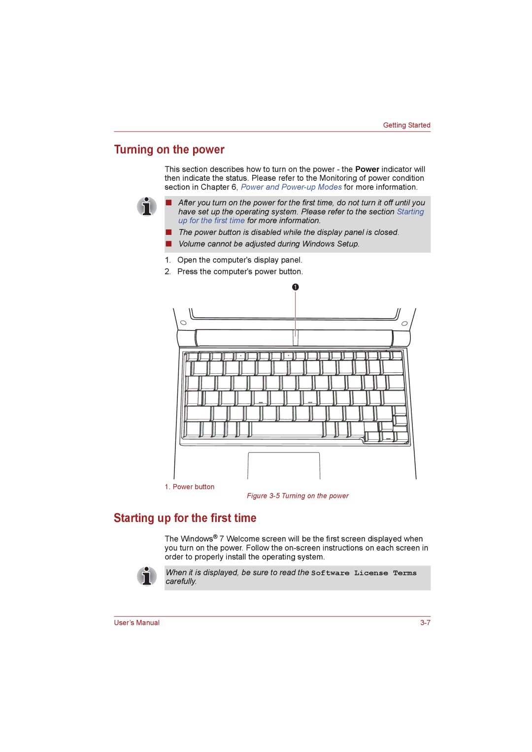 Toshiba NB255N245 user manual Turning on the power, Starting up for the first time 