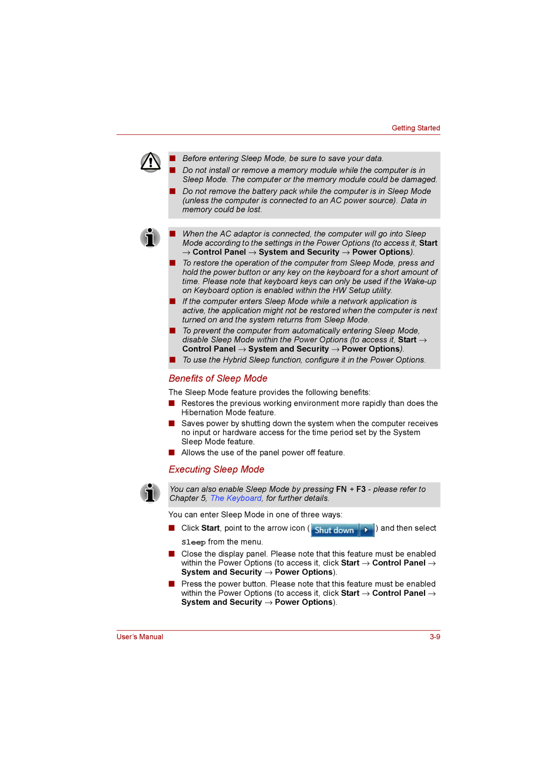 Toshiba NB255N245 user manual Before entering Sleep Mode, be sure to save your data 