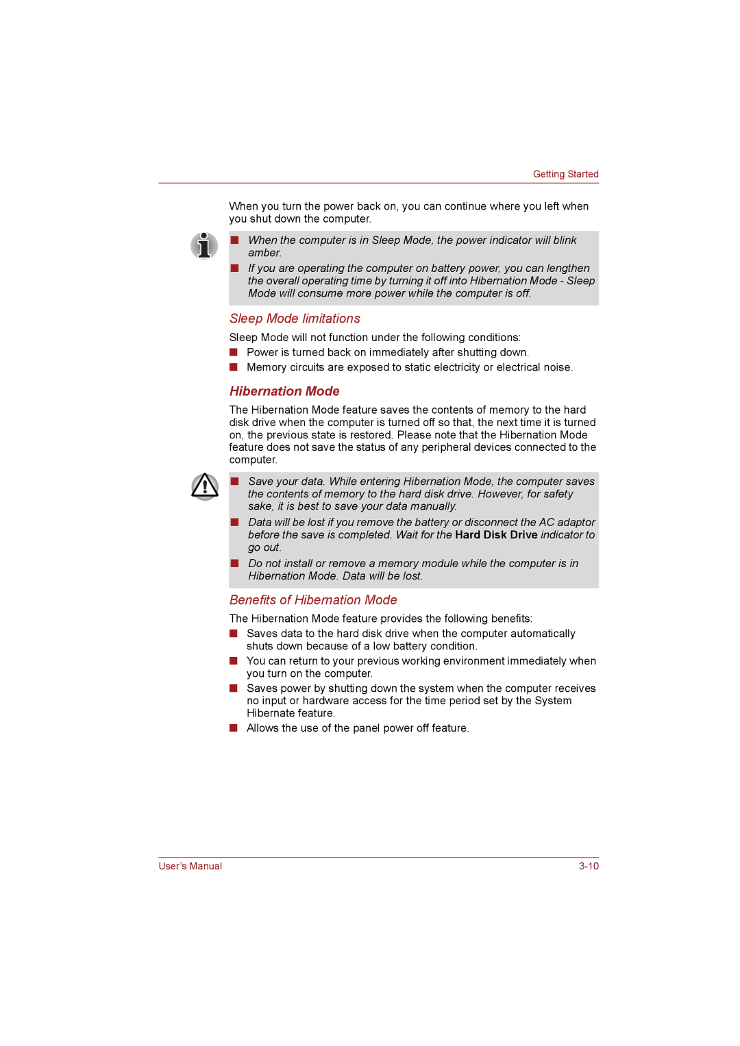 Toshiba NB255N245 user manual Sleep Mode limitations, Hibernation Mode 