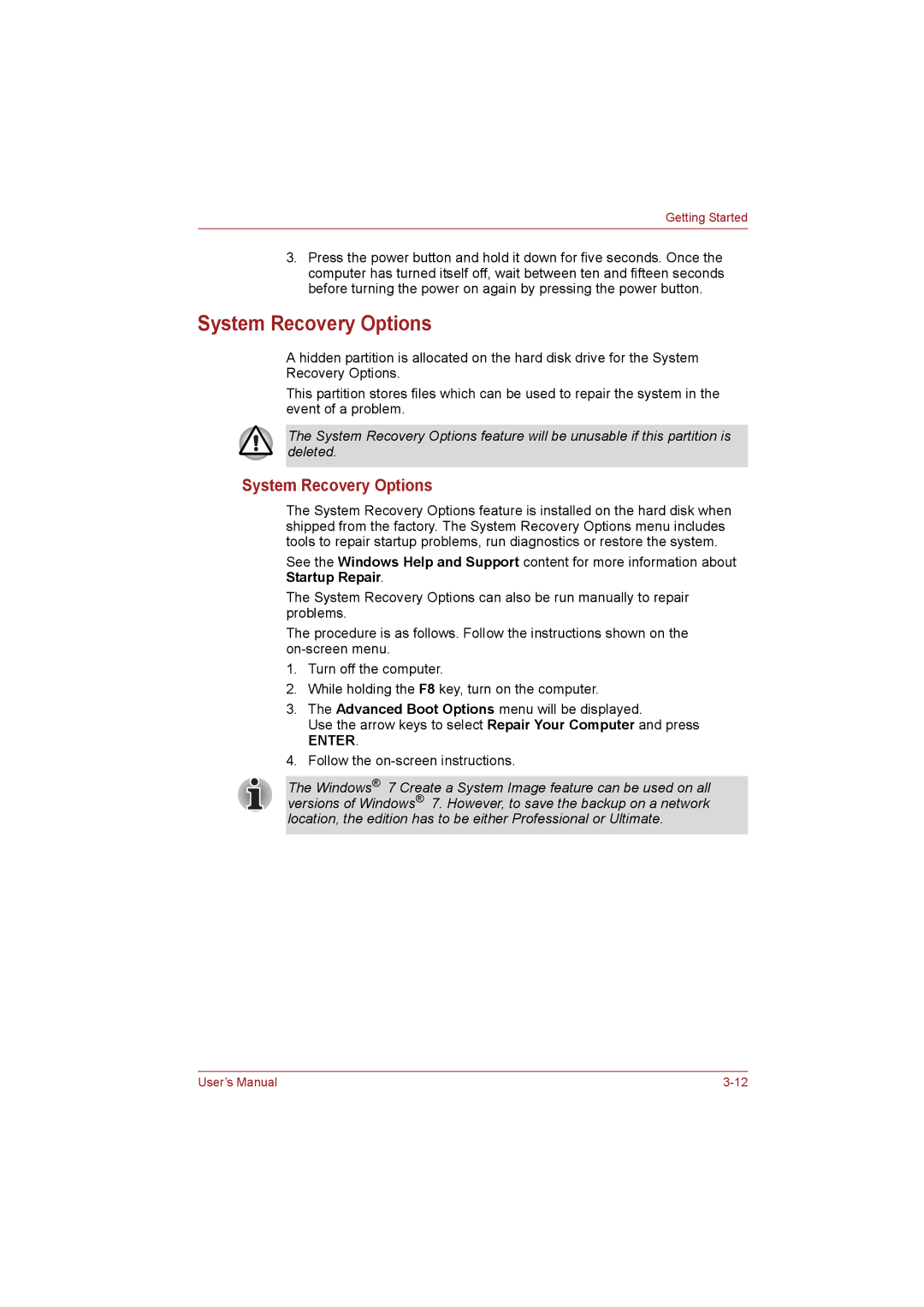 Toshiba NB255N245 user manual System Recovery Options 