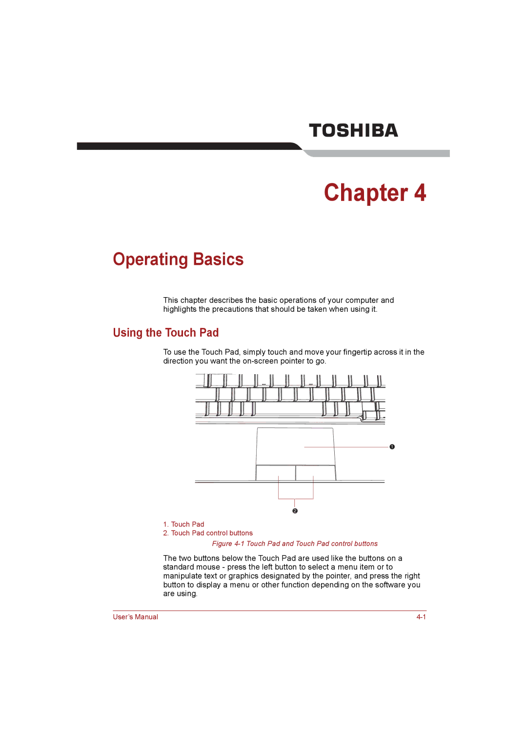 Toshiba NB255N245 user manual Operating Basics, Using the Touch Pad 