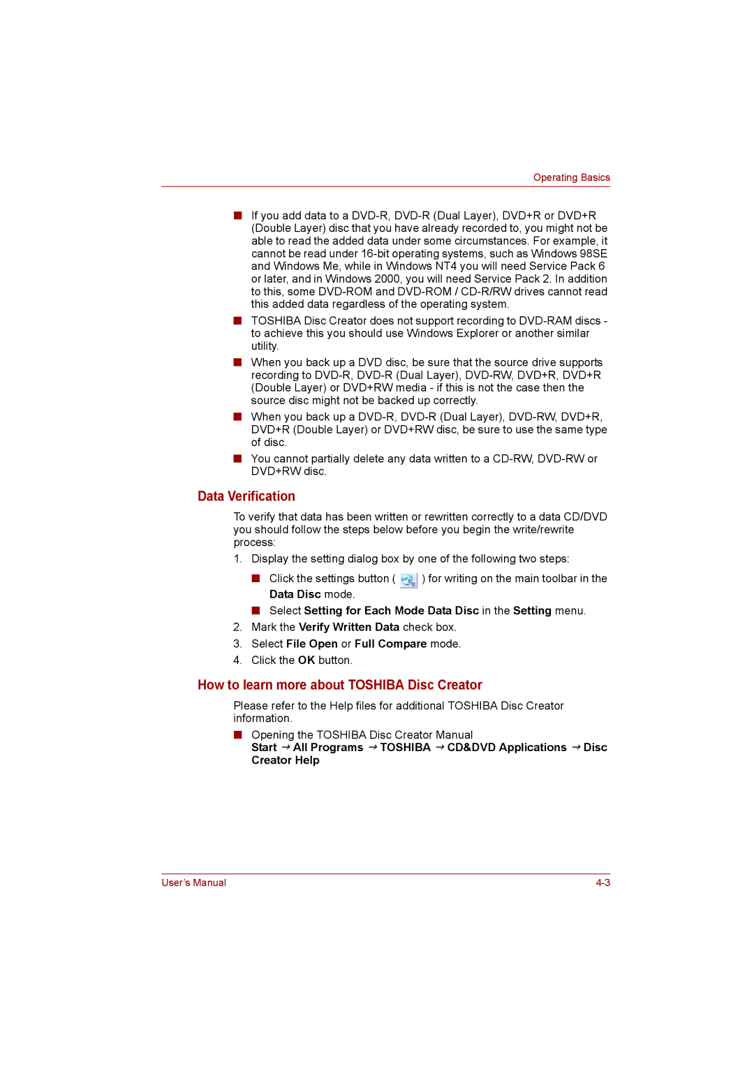 Toshiba NB255N245 user manual Data Verification, How to learn more about Toshiba Disc Creator 