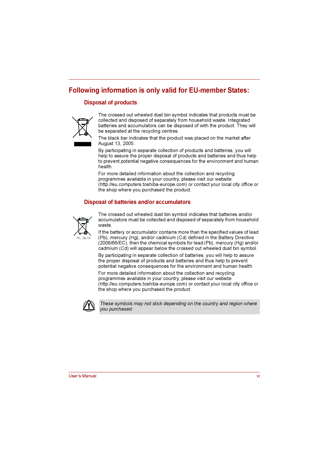 Toshiba NB255N245 user manual Following information is only valid for EU-member States, Disposal of products 