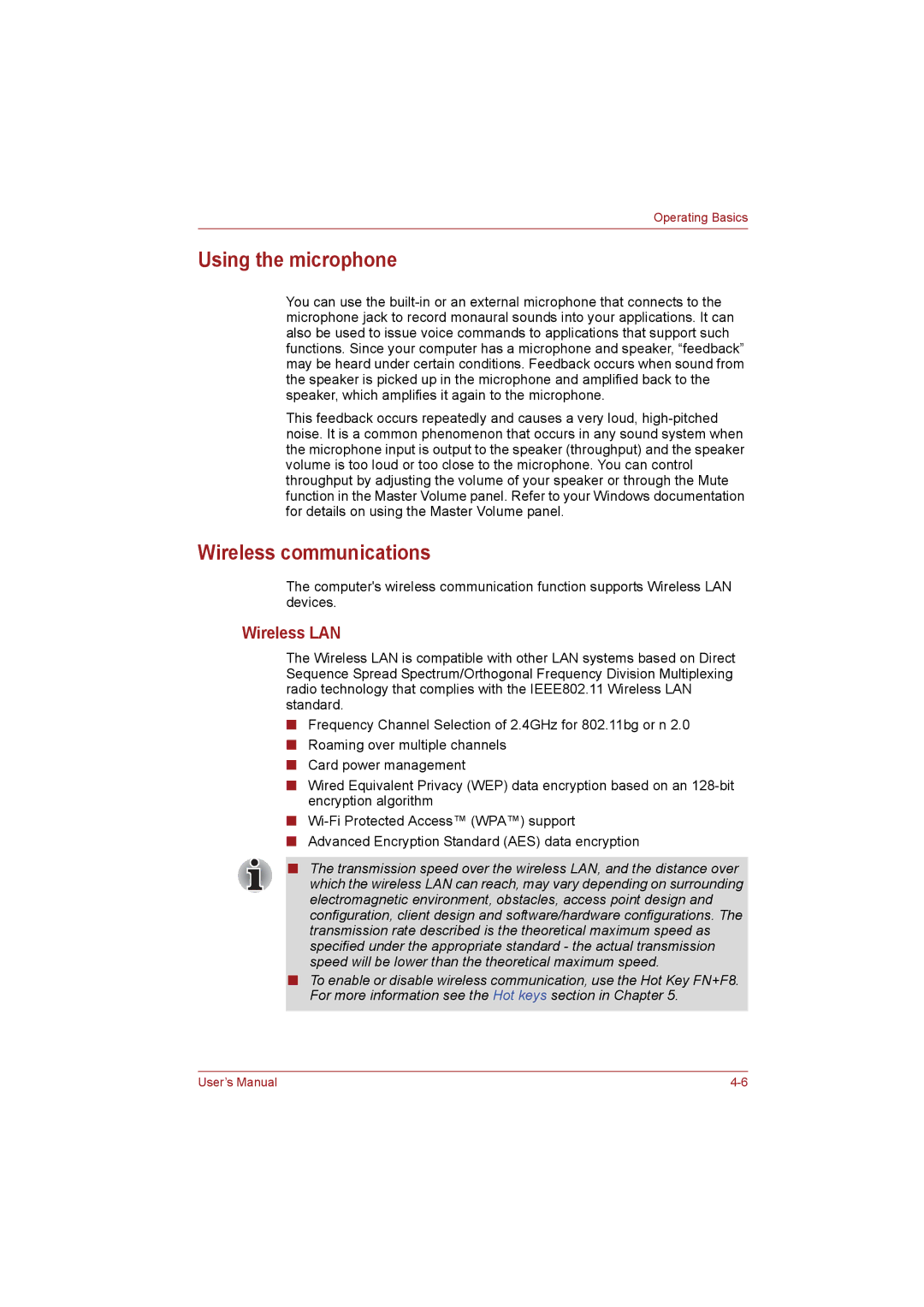 Toshiba NB255N245 user manual Using the microphone, Wireless communications, Wireless LAN 