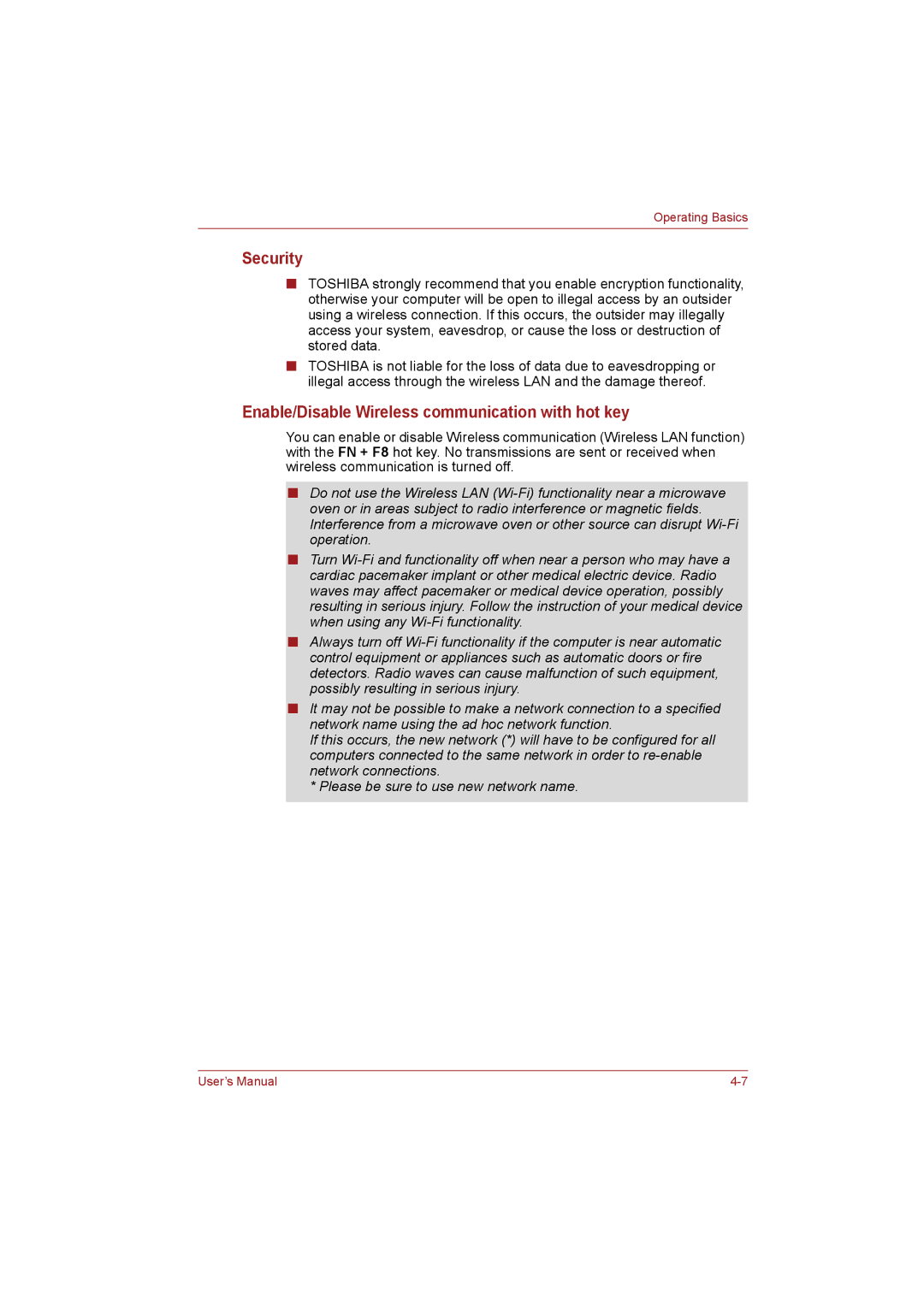 Toshiba NB255N245 user manual Security, Enable/Disable Wireless communication with hot key 