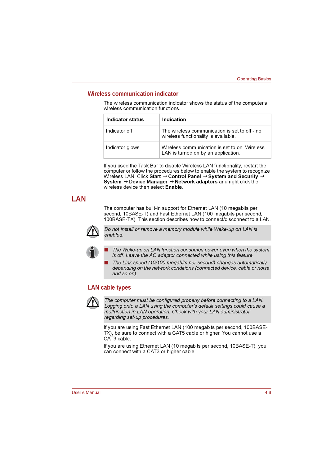 Toshiba NB255N245 user manual Wireless communication indicator, LAN cable types, Indicator status Indication 