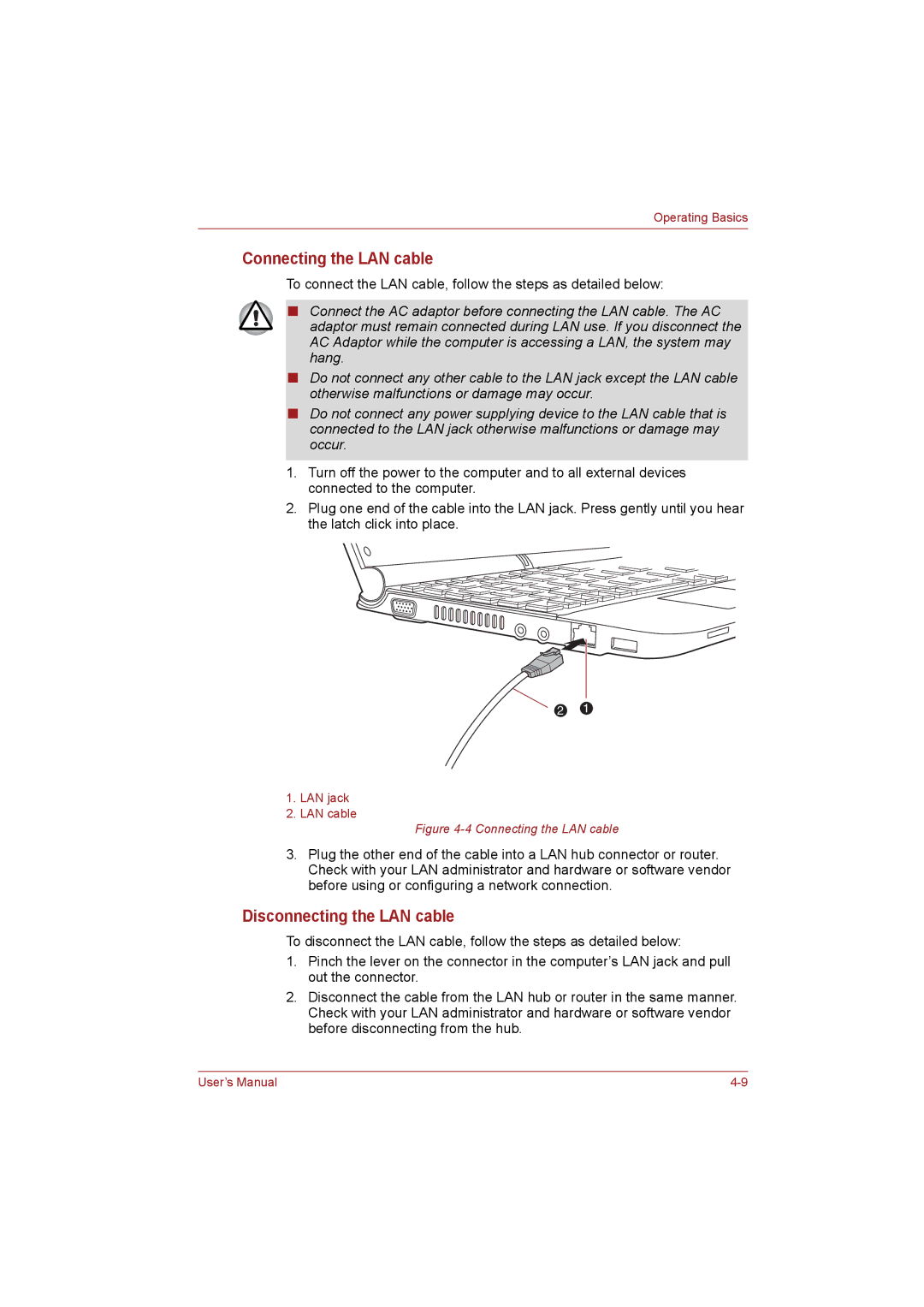 Toshiba NB255N245 user manual Connecting the LAN cable, Disconnecting the LAN cable 