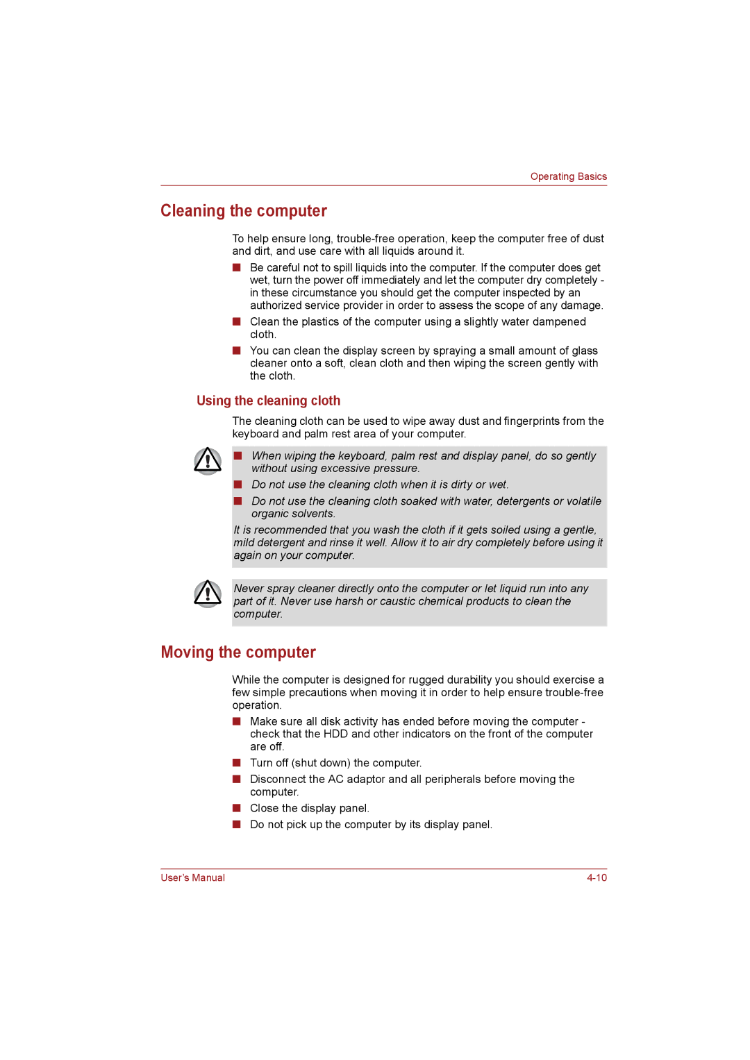Toshiba NB255N245 user manual Cleaning the computer, Moving the computer, Using the cleaning cloth 