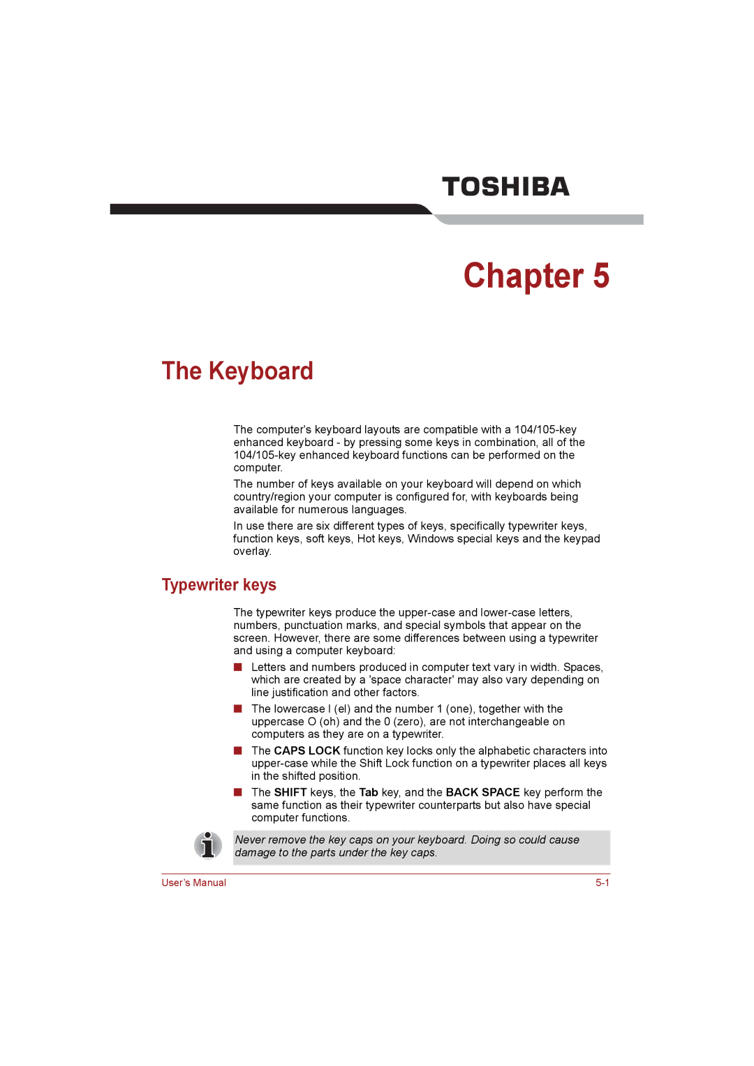 Toshiba NB255N245 user manual Keyboard, Typewriter keys 