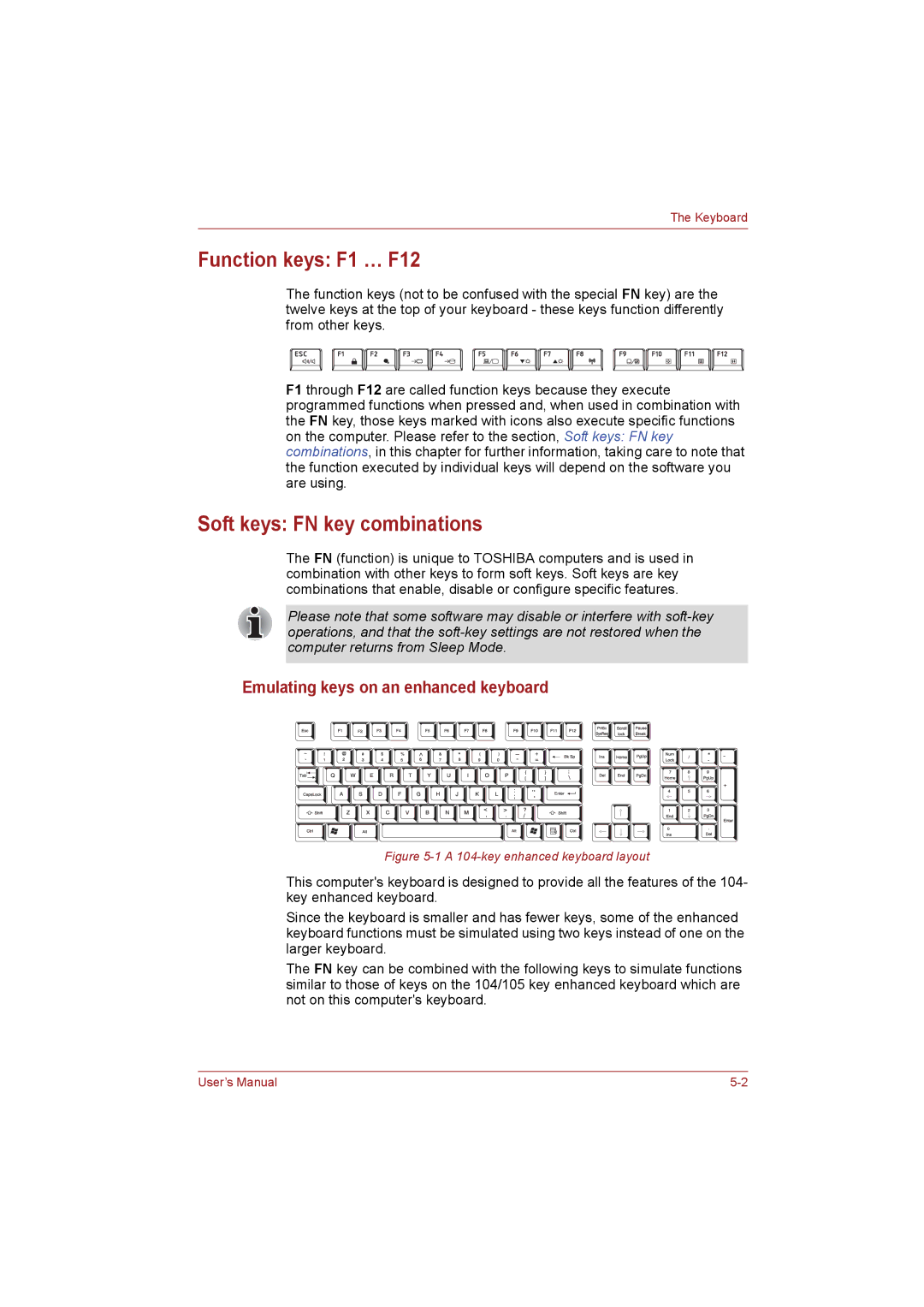 Toshiba NB255N245 user manual Function keys F1 … F12, Soft keys FN key combinations, Emulating keys on an enhanced keyboard 