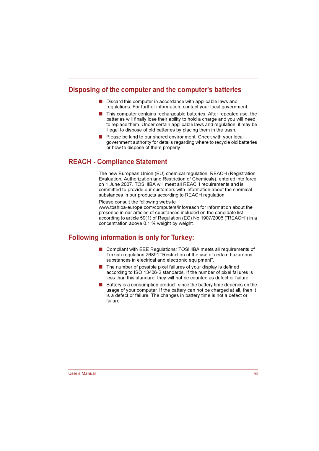 Toshiba NB255N245 user manual Disposing of the computer and the computers batteries, Reach Compliance Statement 