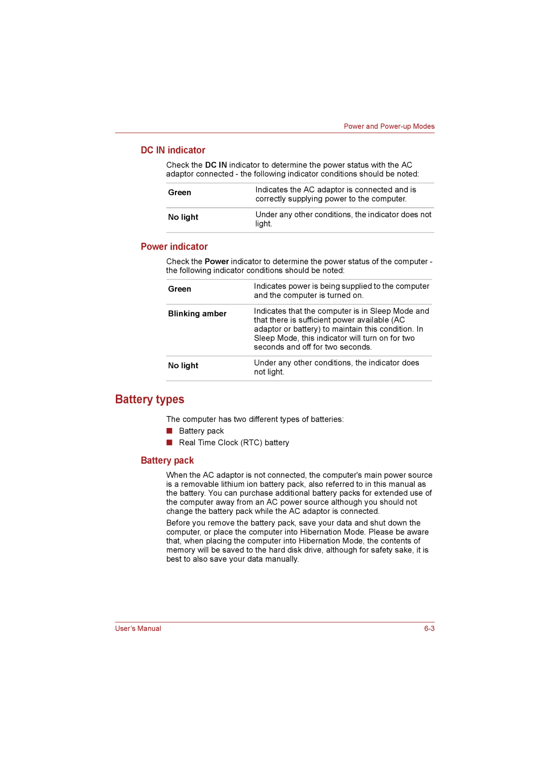 Toshiba NB255N245 user manual Battery types, DC in indicator, Power indicator, Battery pack 