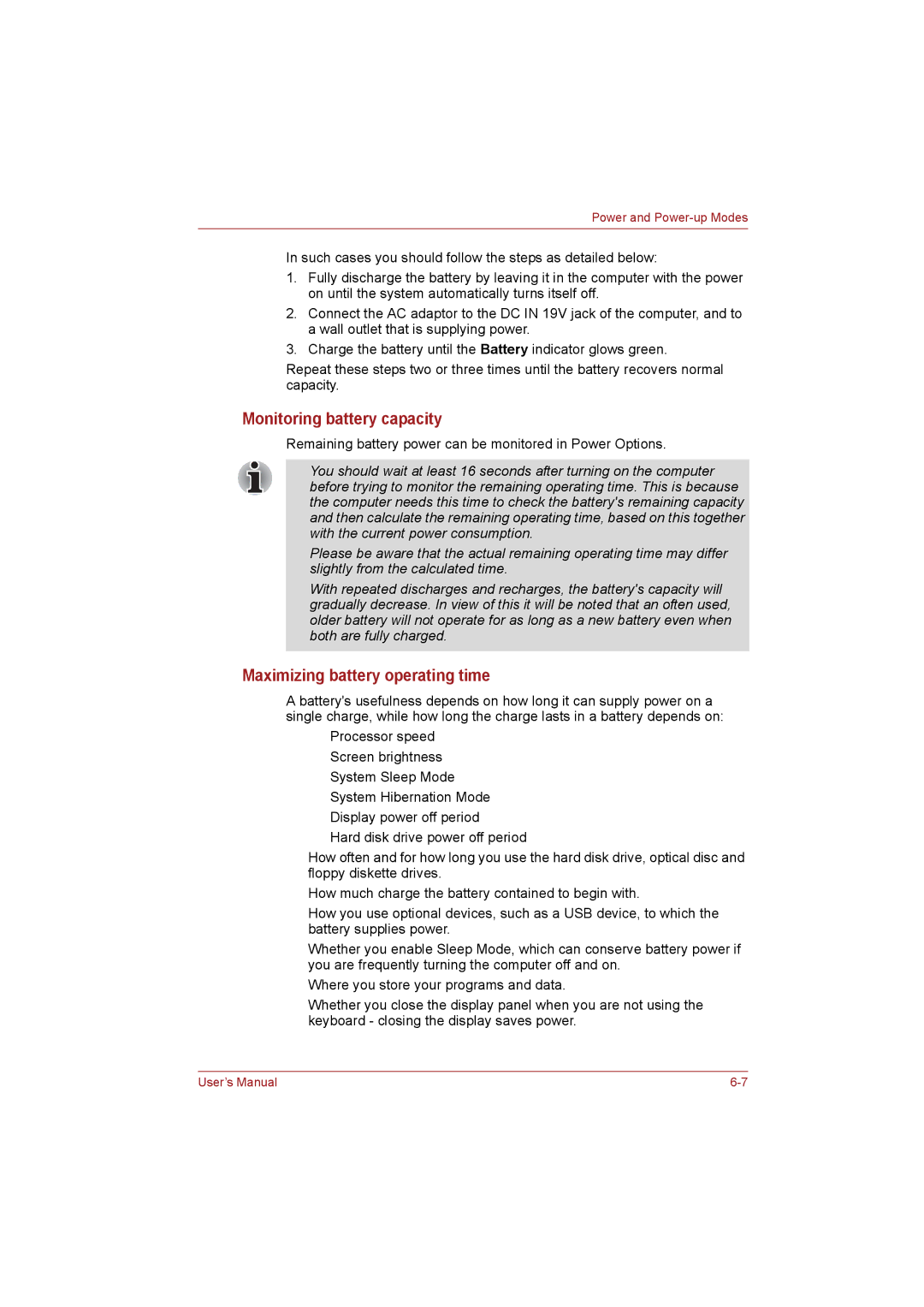 Toshiba NB255N245 user manual Monitoring battery capacity, Maximizing battery operating time 