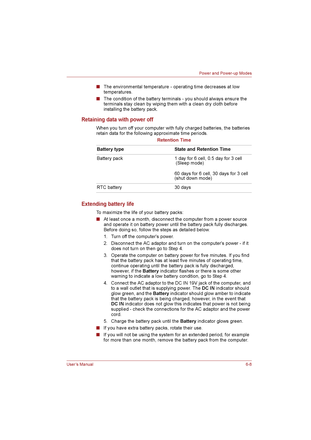 Toshiba NB255N245 user manual Retaining data with power off, Extending battery life, Battery type State and Retention Time 