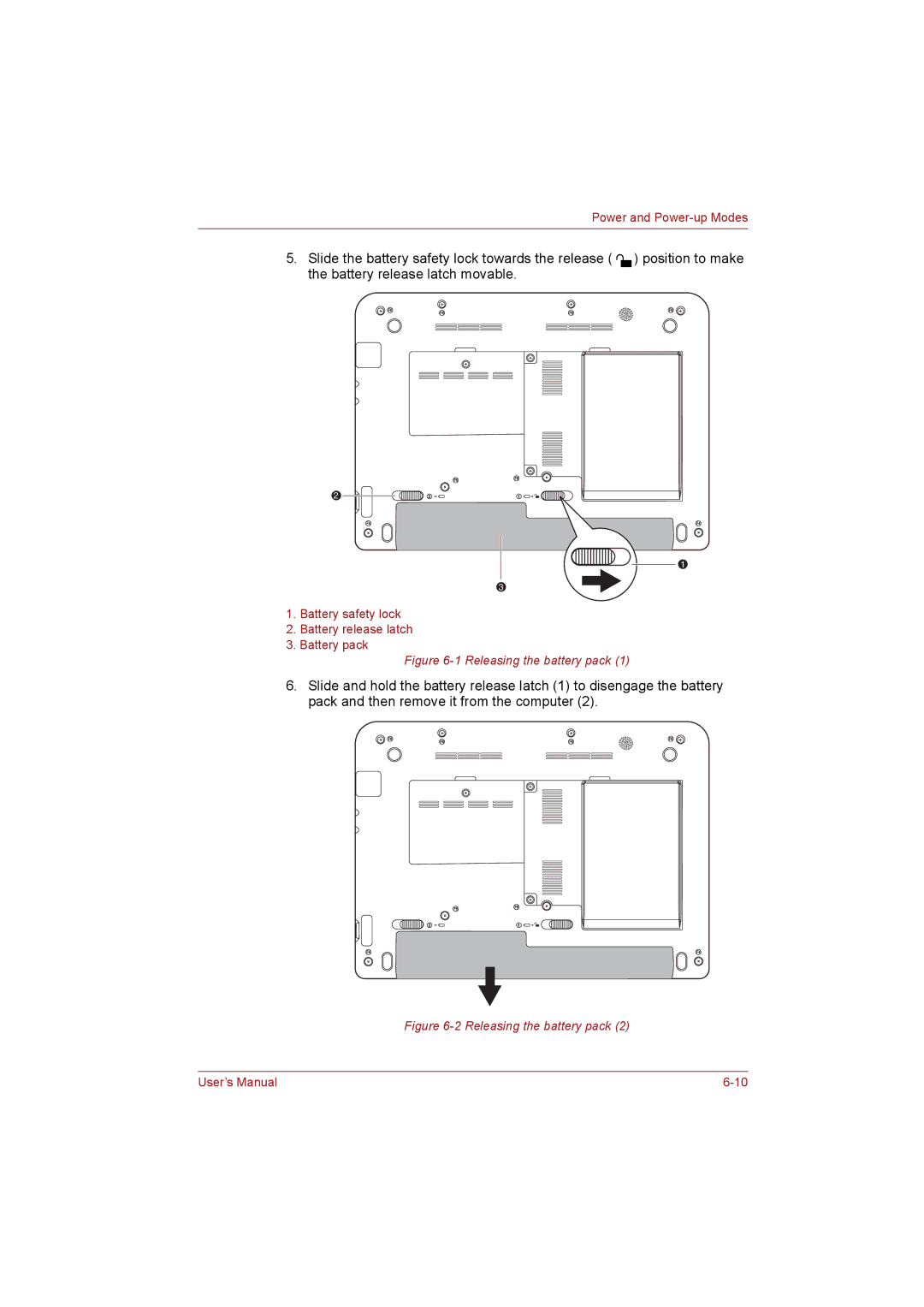 Toshiba NB255N245 user manual Releasing the battery pack 