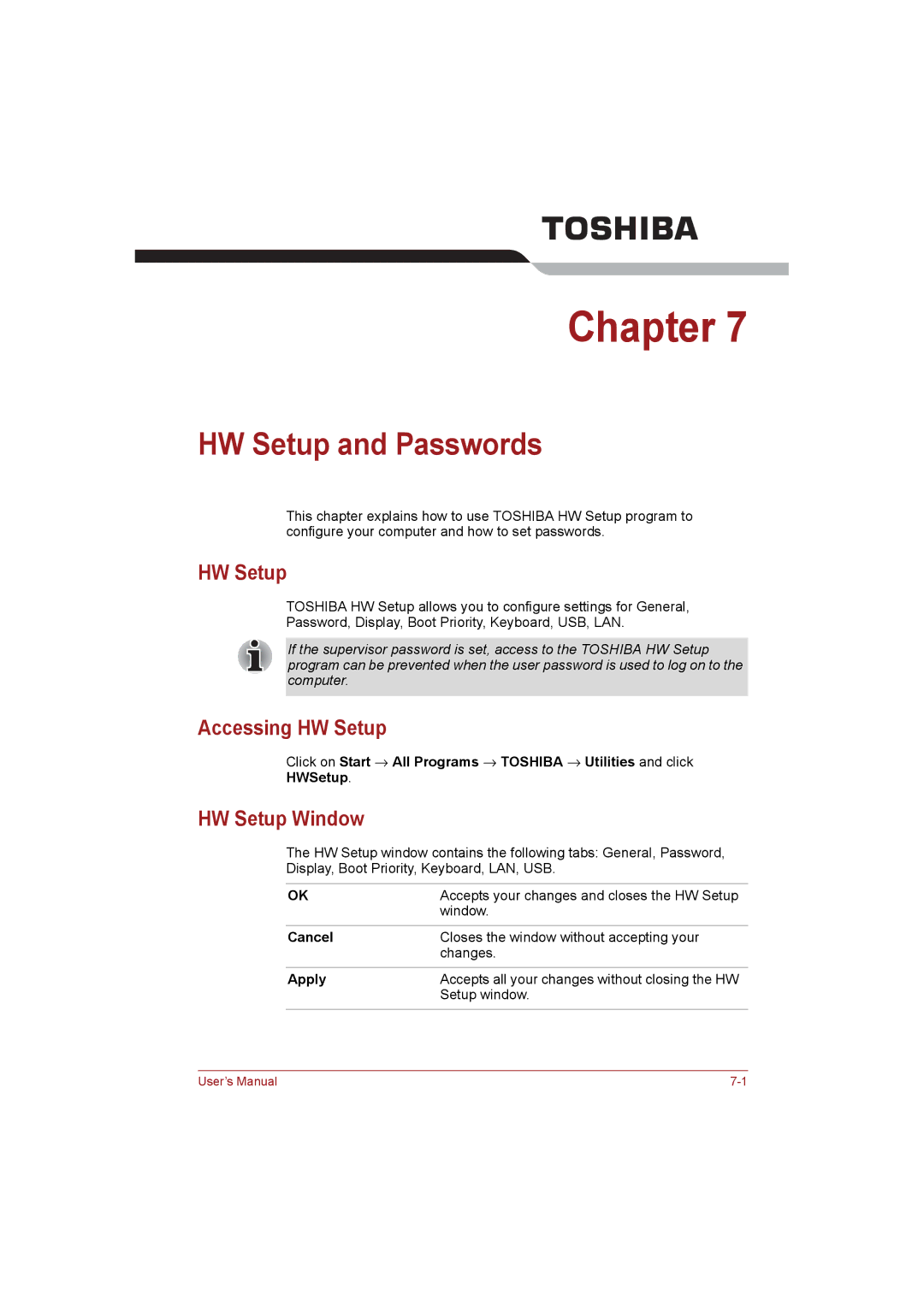 Toshiba NB255N245 user manual HW Setup and Passwords, Accessing HW Setup, HW Setup Window 