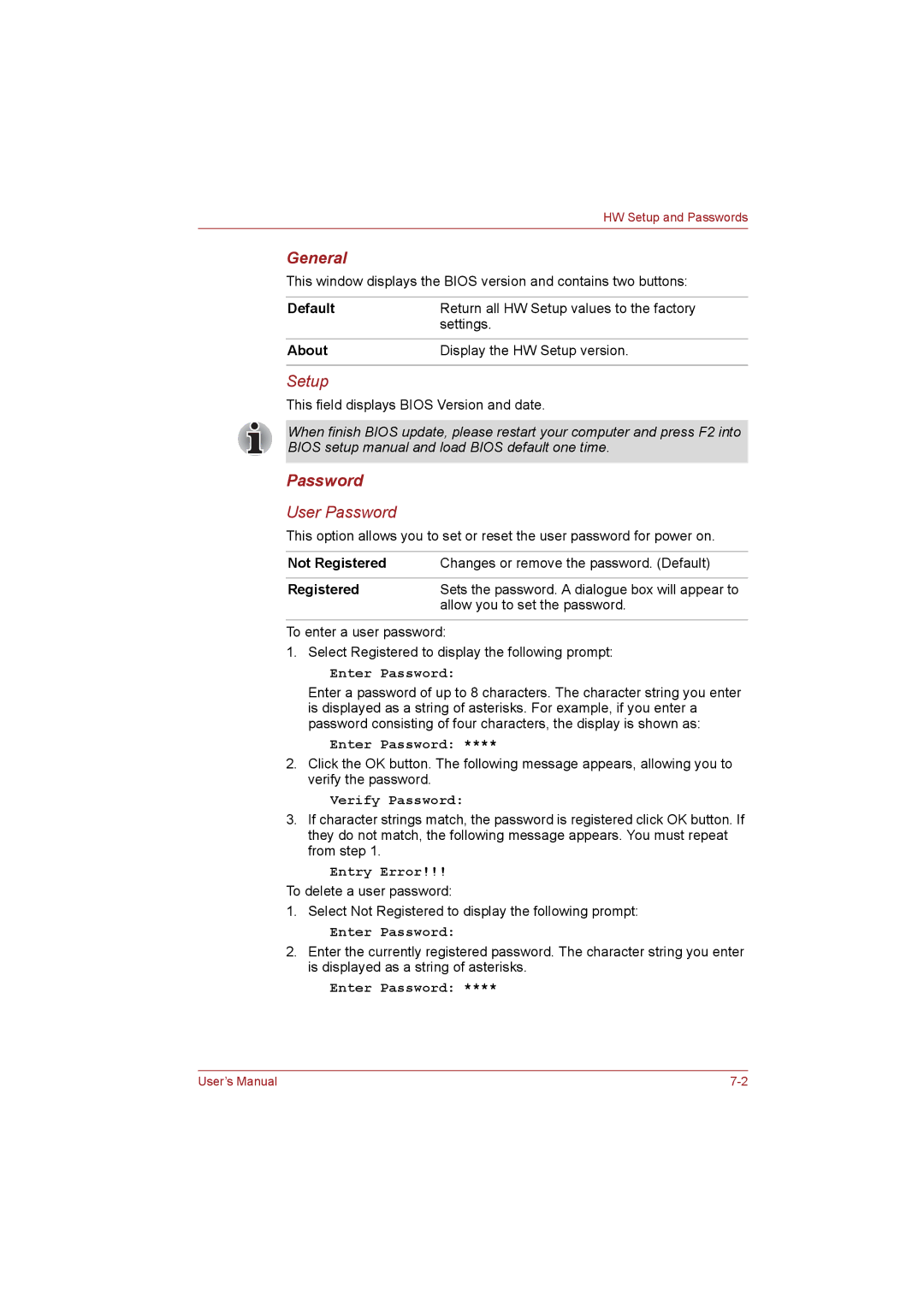 Toshiba NB255N245 user manual General, Password 