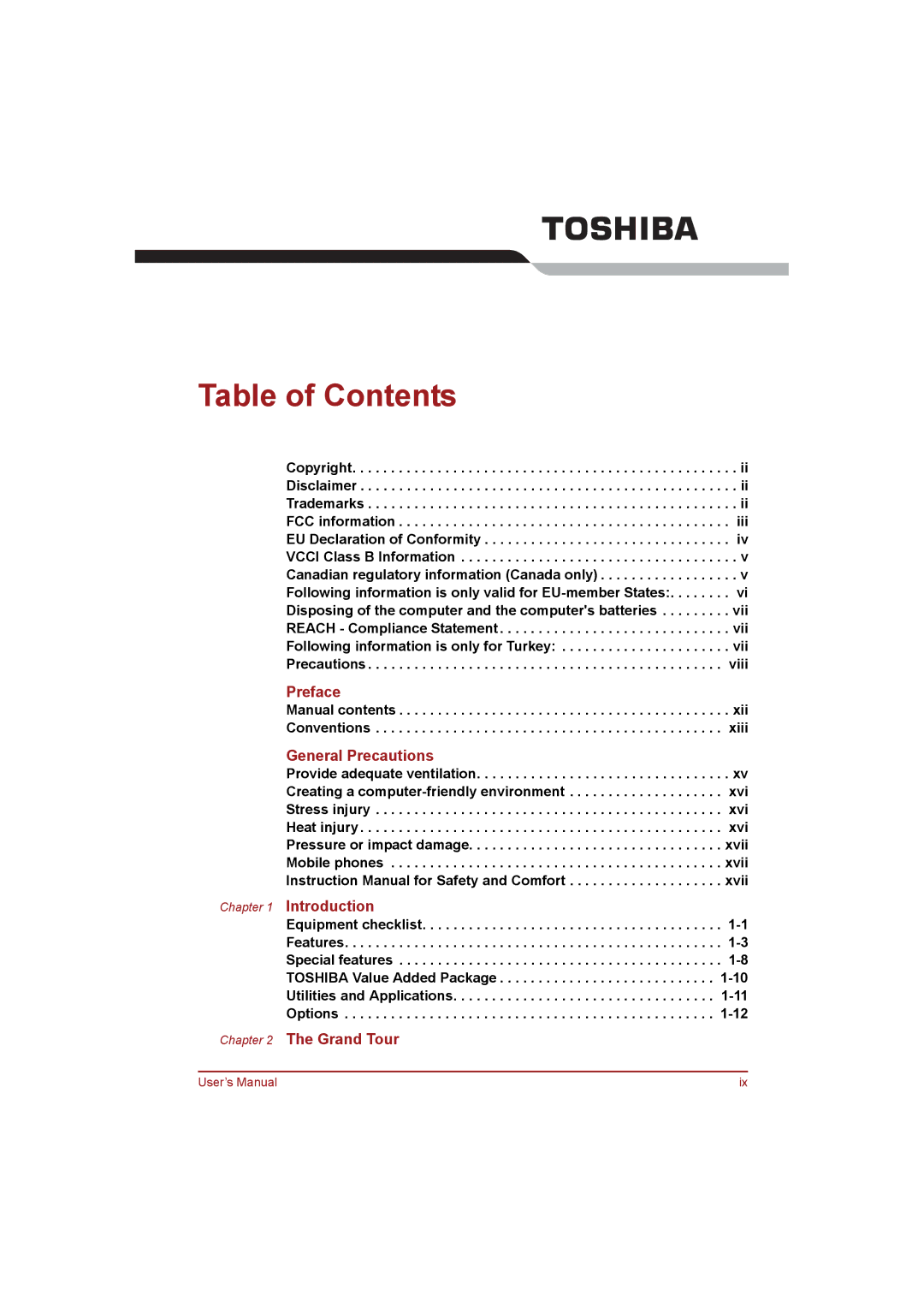 Toshiba NB255N245 user manual Table of Contents 