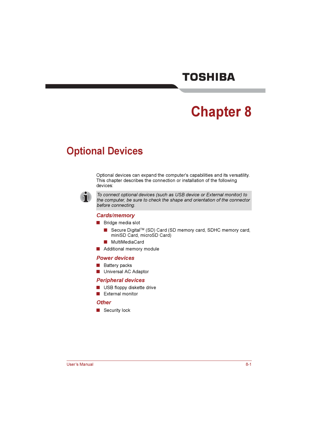 Toshiba NB255N245 user manual Optional Devices, Cards/memory, Power devices, Peripheral devices, Other 