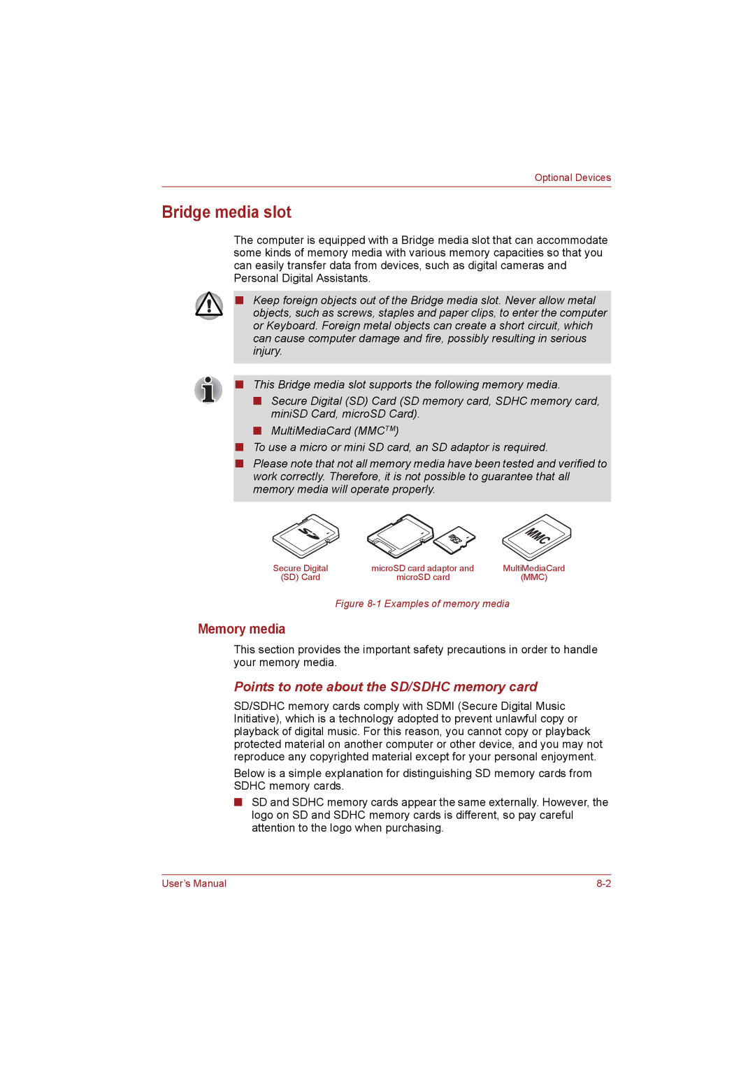 Toshiba NB255N245 user manual Bridge media slot, Memory media, Points to note about the SD/SDHC memory card 