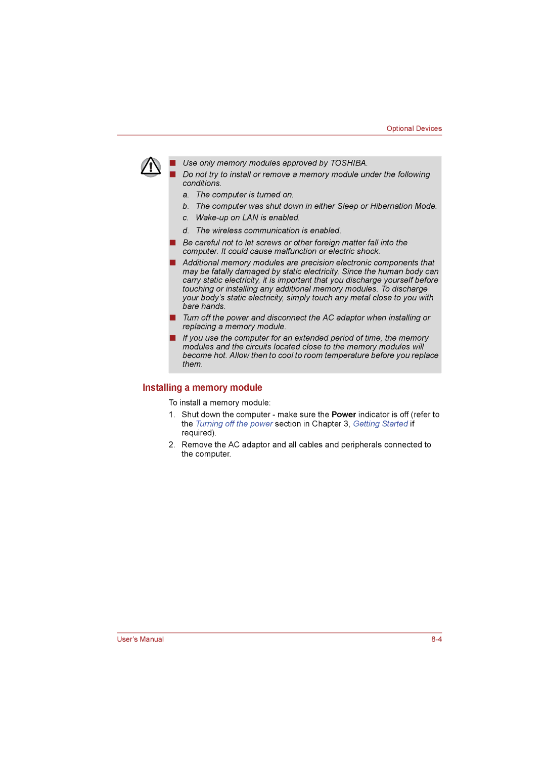 Toshiba NB255N245 user manual Installing a memory module 