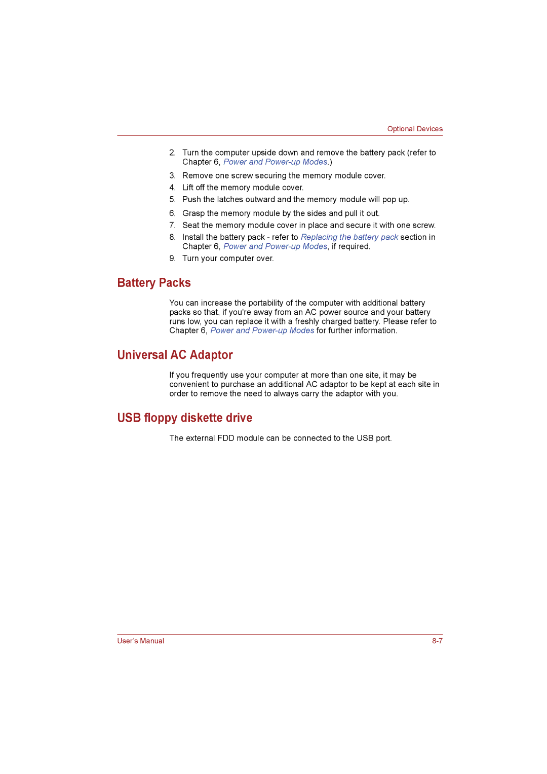 Toshiba NB255N245 user manual Battery Packs, Universal AC Adaptor, USB floppy diskette drive 