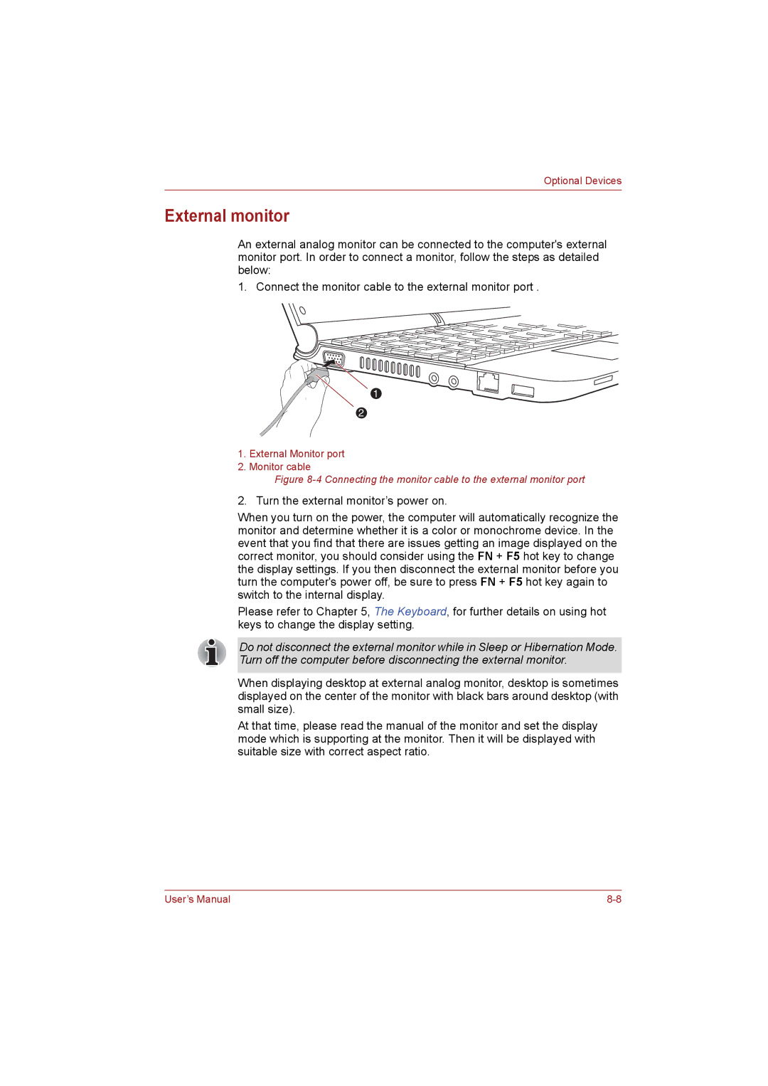 Toshiba NB255N245 user manual External monitor, Connecting the monitor cable to the external monitor port 