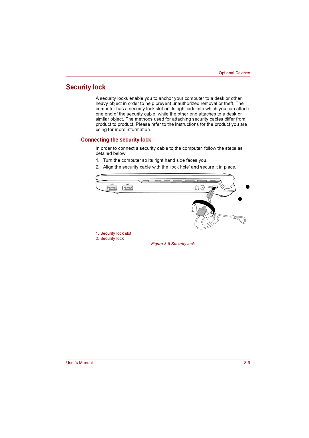 Toshiba NB255N245 user manual Security lock, Connecting the security lock 