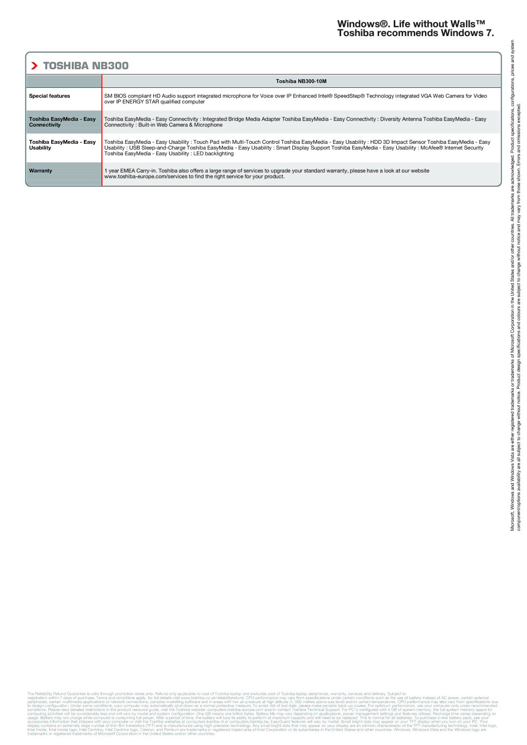 Toshiba NB300 warranty Special features, Toshiba EasyMedia Easy, Connectivity, Usability, Warranty 