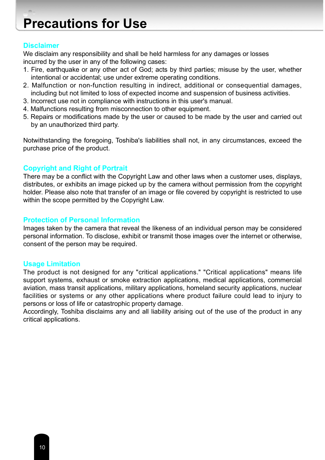 Toshiba Network Camera, IK-WD14A user manual Precautions for Use, Disclaimer 