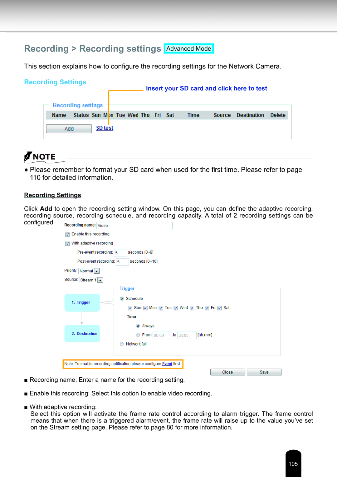 Toshiba IK-WD14A, Network Camera user manual Recording Recording settings, Recording Settings 