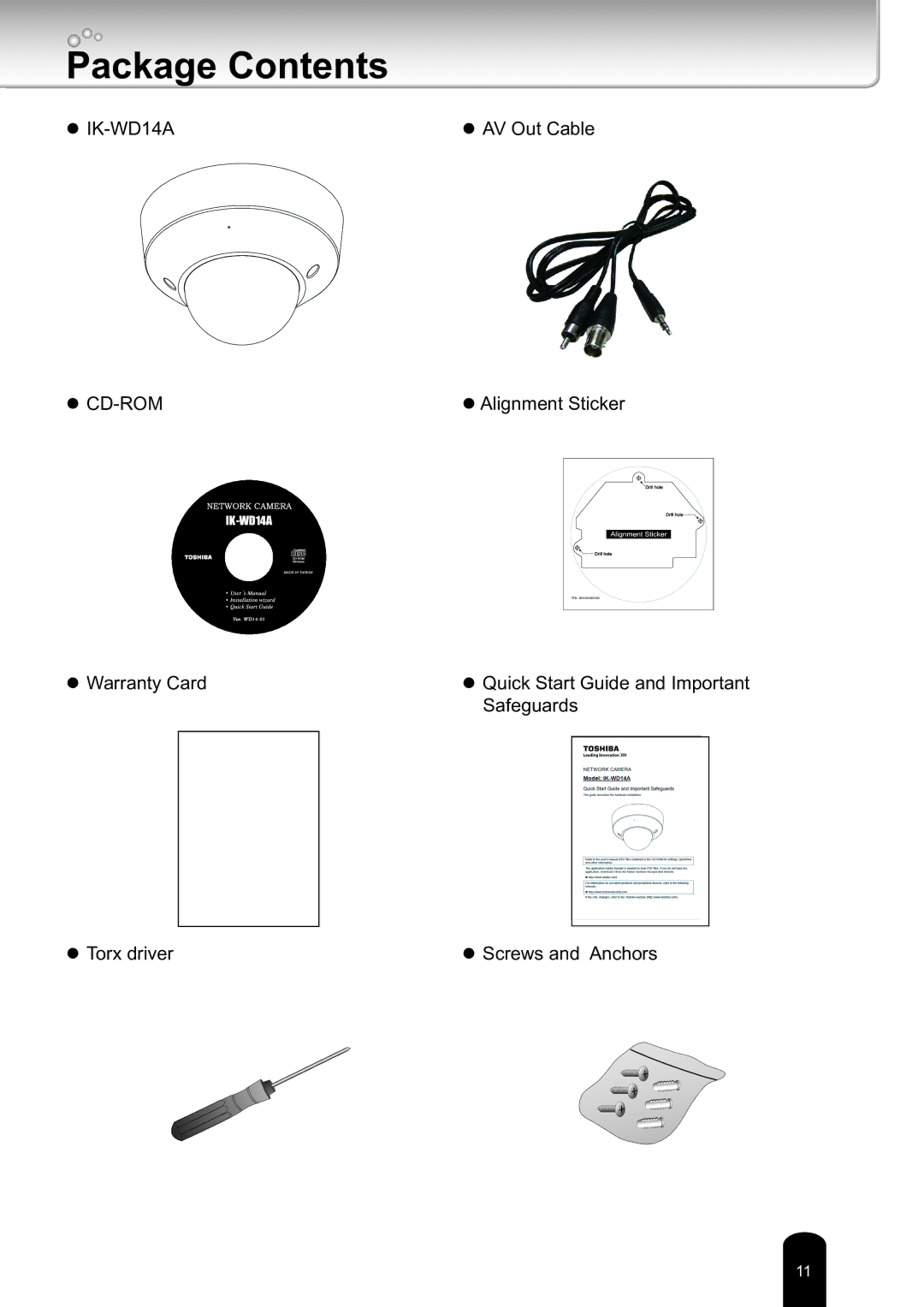 Toshiba IK-WD14A, Network Camera user manual Package Contents 