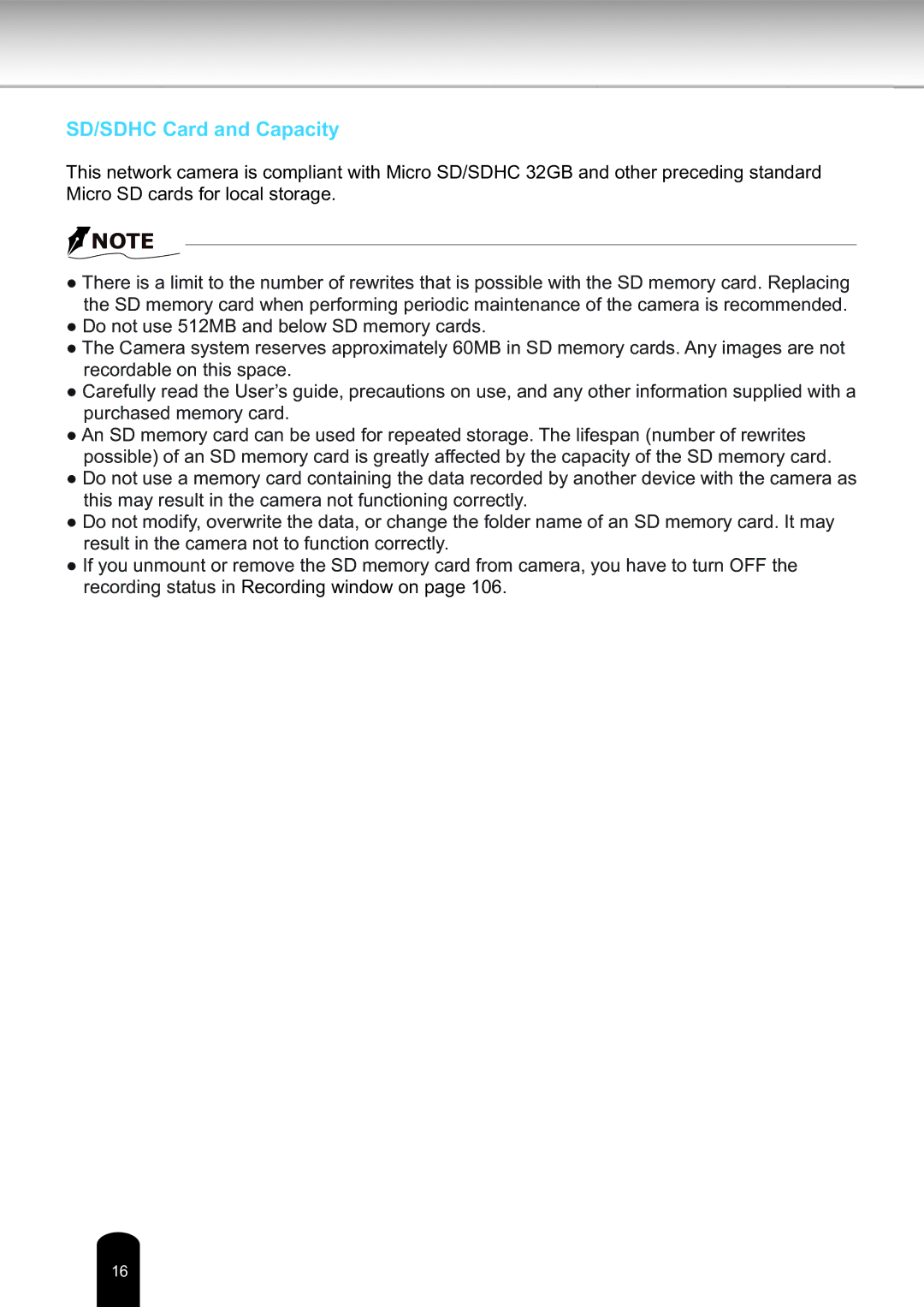 Toshiba Network Camera, IK-WD14A user manual SD/SDHC Card and Capacity 