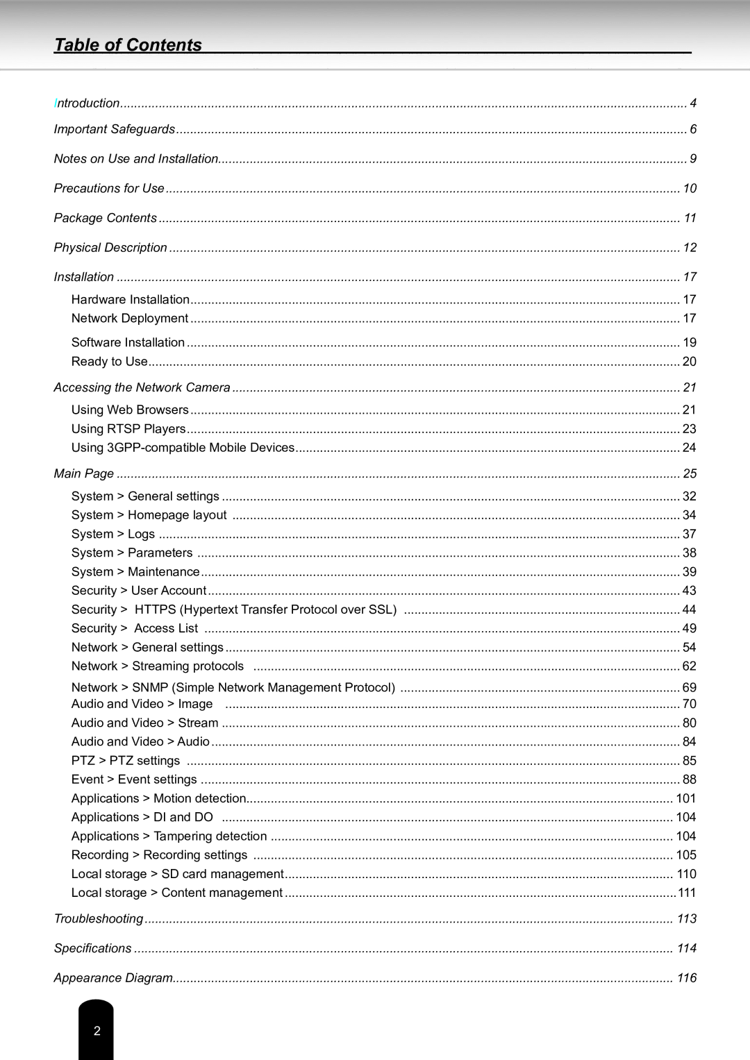 Toshiba Network Camera, IK-WD14A user manual Table of Contents 