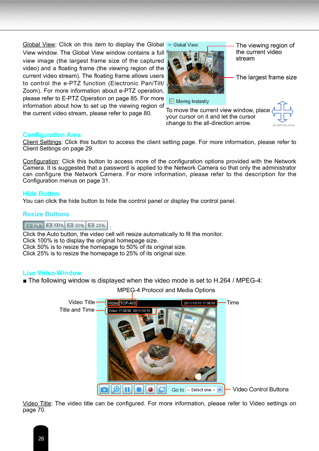 Toshiba Network Camera, IK-WD14A user manual Configuration Area, Resize Buttons 