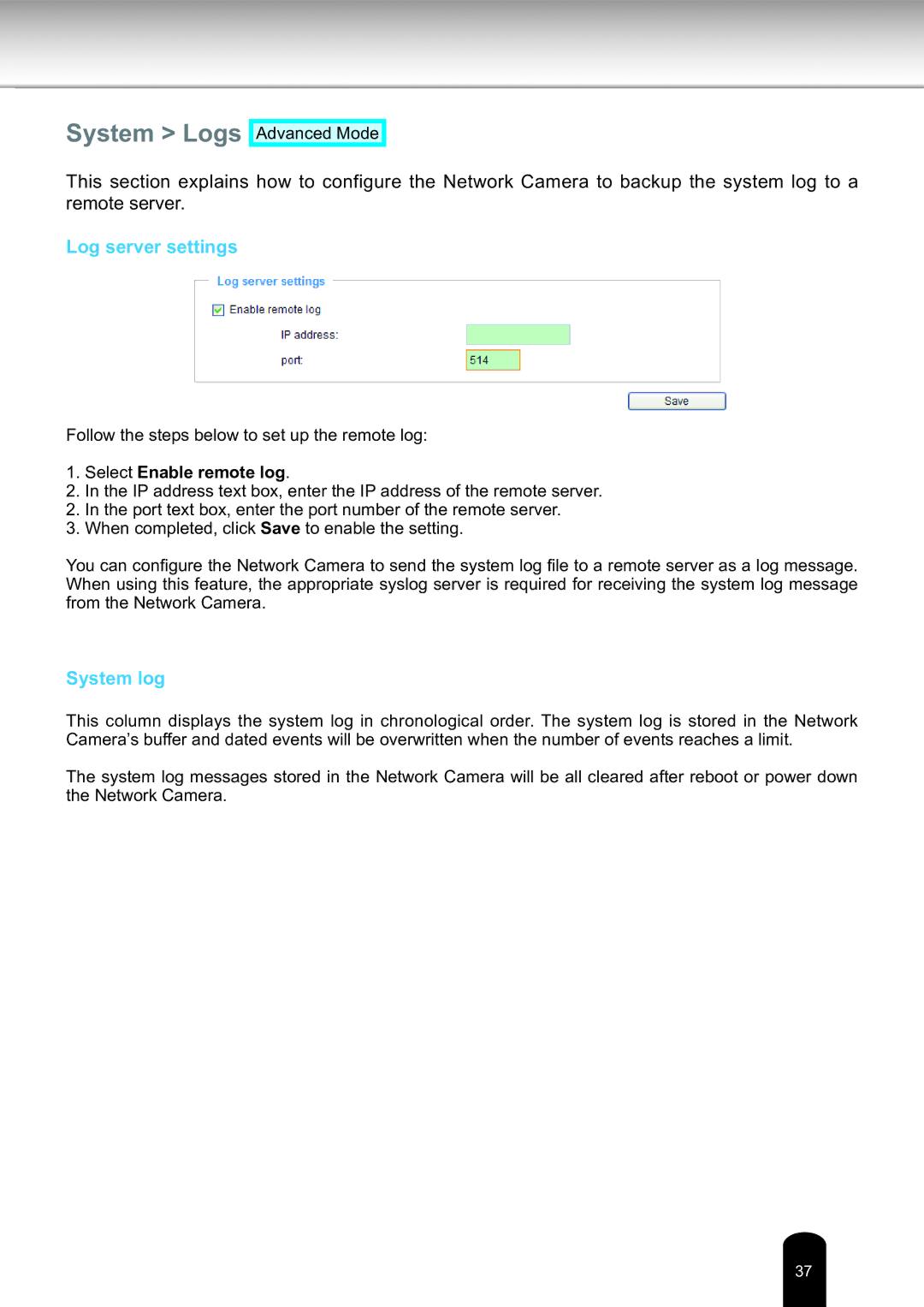 Toshiba IK-WD14A, Network Camera user manual System Logs, Log server settings, System log 