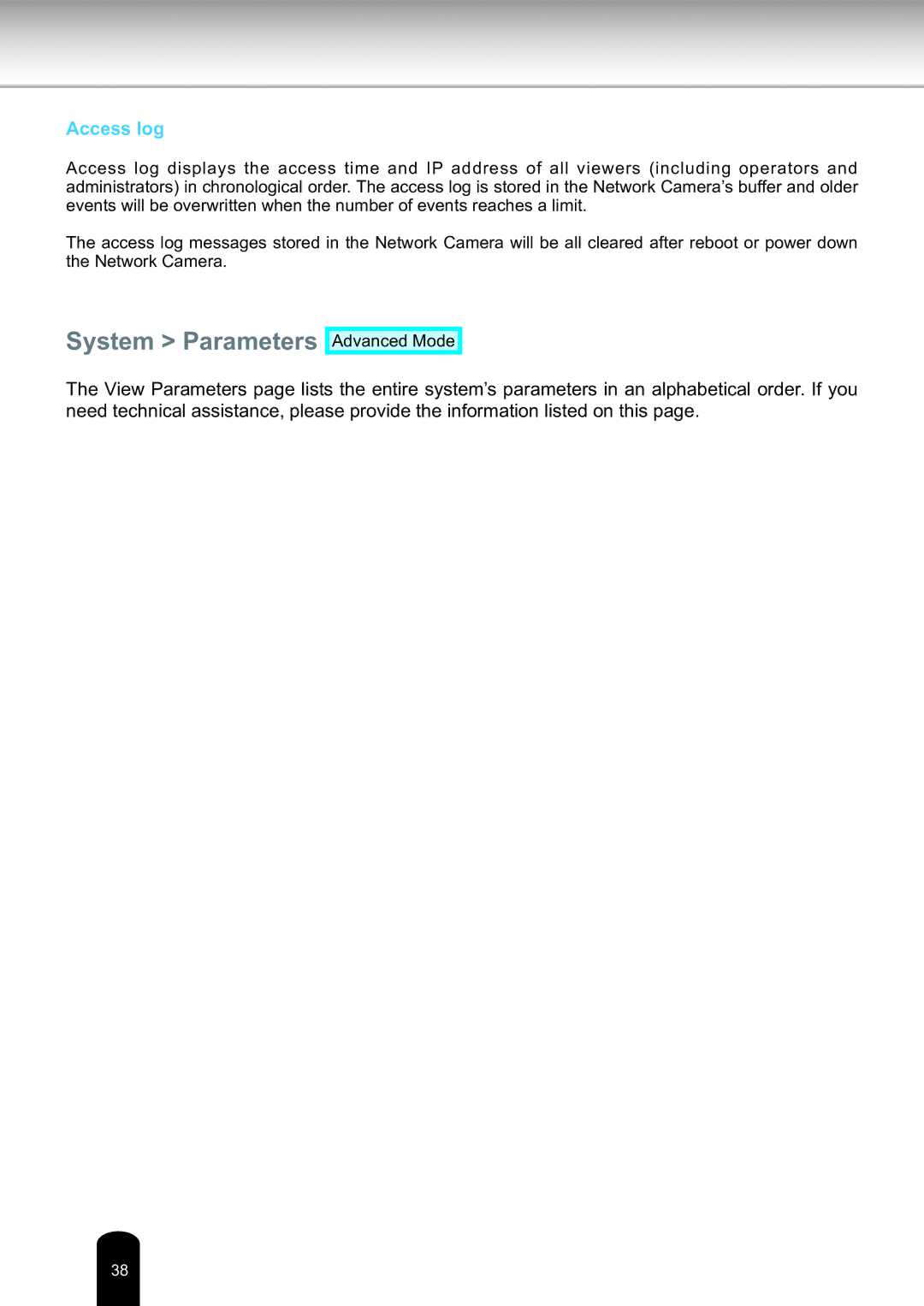 Toshiba Network Camera, IK-WD14A user manual System Parameters, Access log 