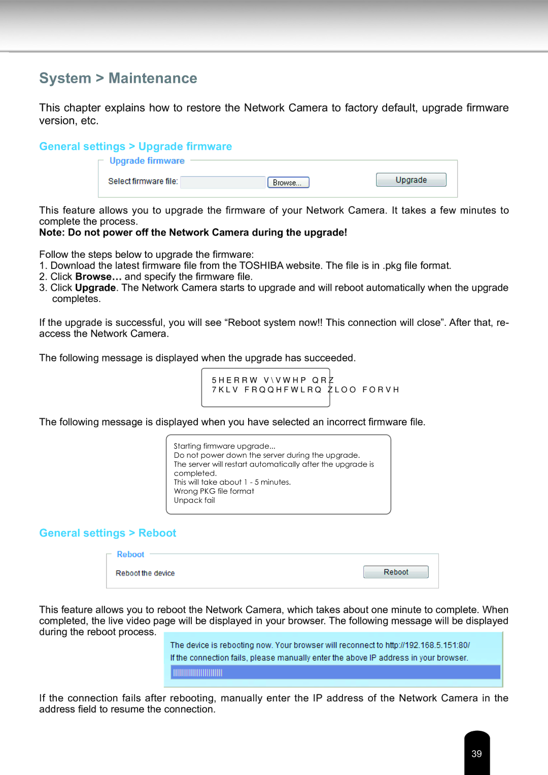 Toshiba IK-WD14A, Network Camera user manual System Maintenance, General settings Upgrade firmware, General settings Reboot 