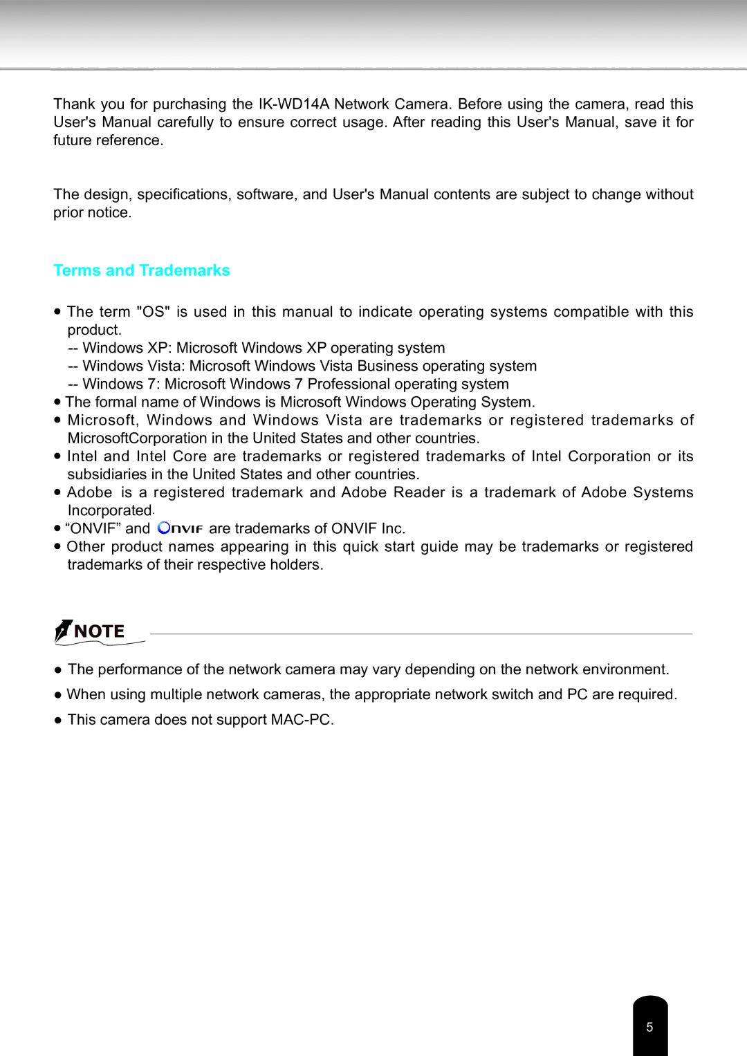 Toshiba IK-WD14A, Network Camera user manual Terms and Trademarks 