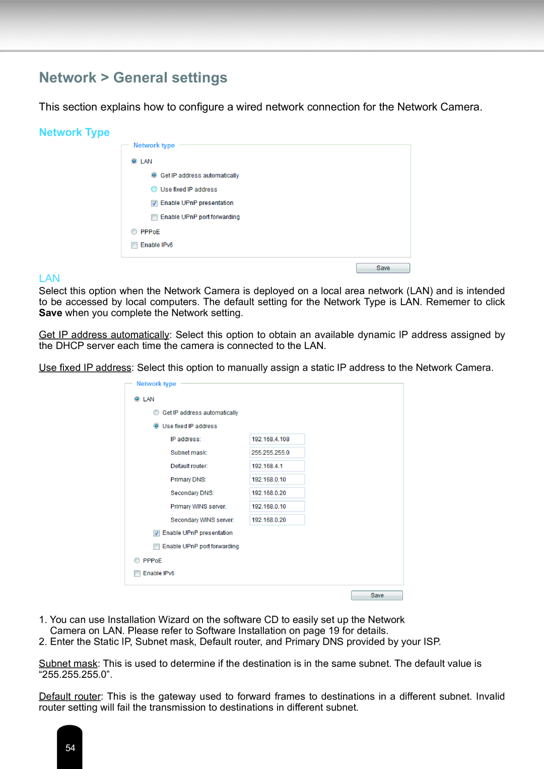 Toshiba Network Camera, IK-WD14A user manual Network General settings, Network Type 