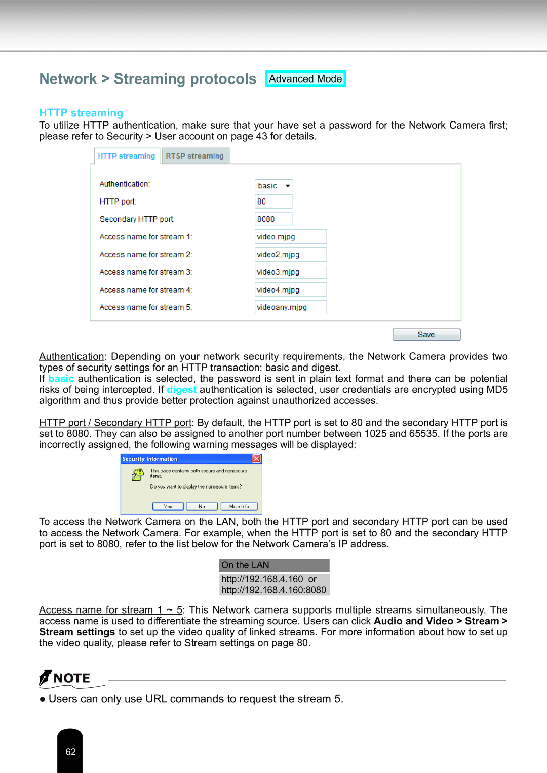 Toshiba Network Camera, IK-WD14A user manual Network Streaming protocols, Http streaming 