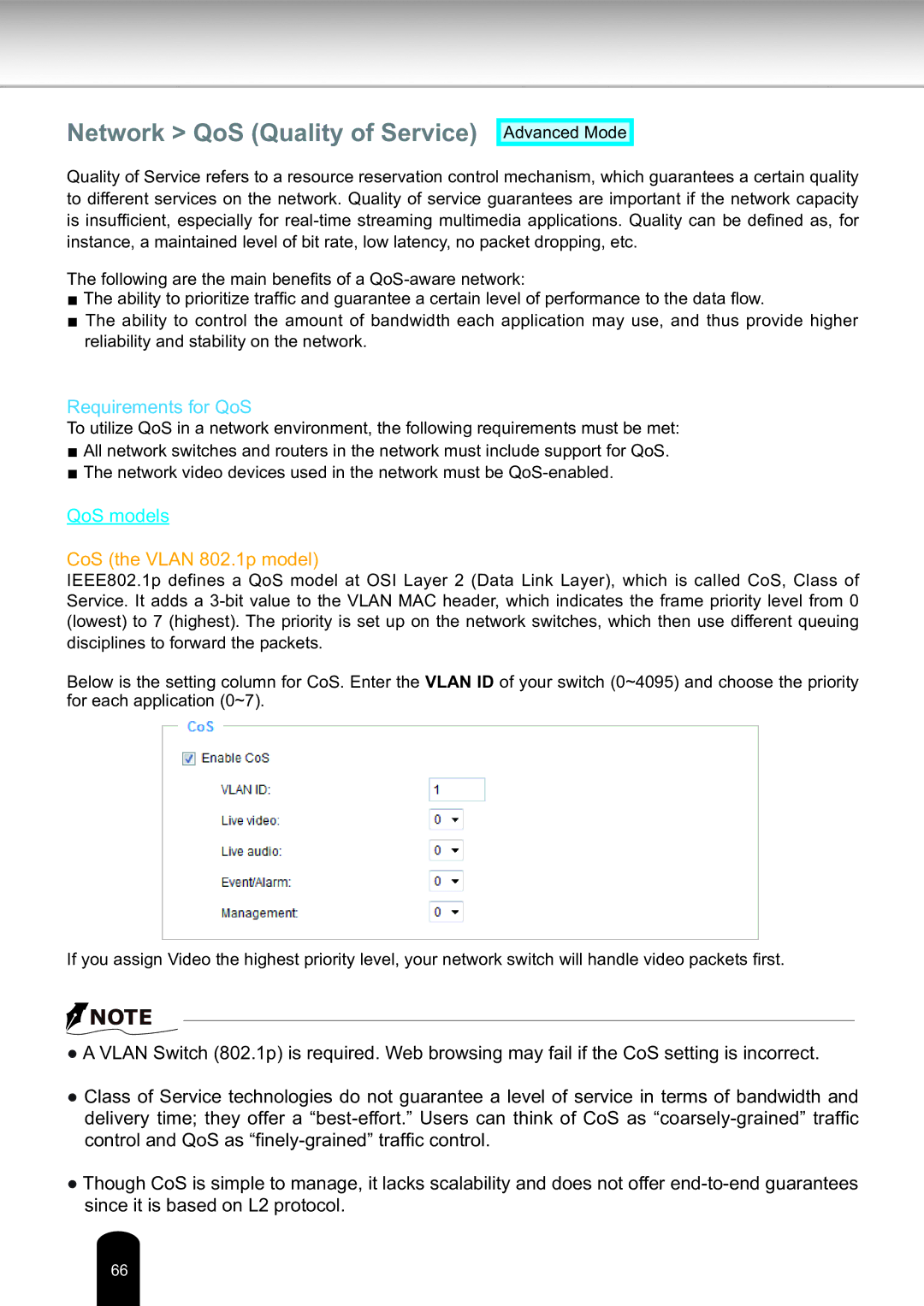 Toshiba Network Camera, IK-WD14A user manual Network QoS Quality of Service, Requirements for QoS 