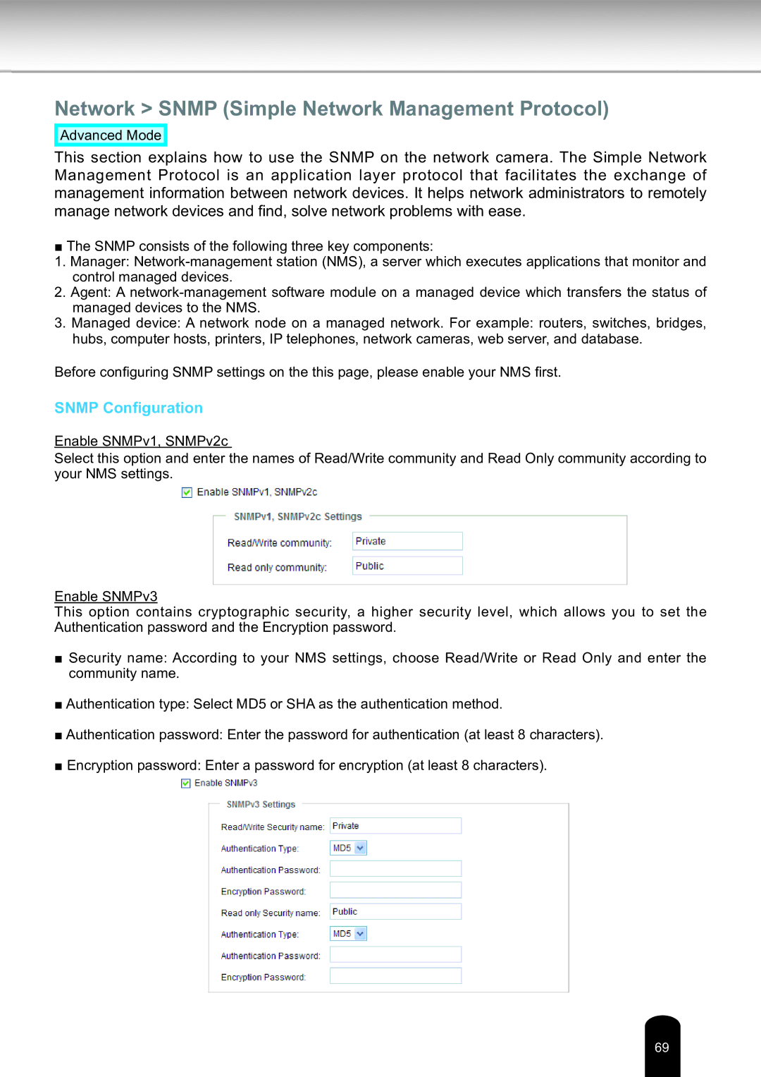 Toshiba IK-WD14A, Network Camera user manual Network Snmp Simple Network Management Protocol, Snmp Configuration 