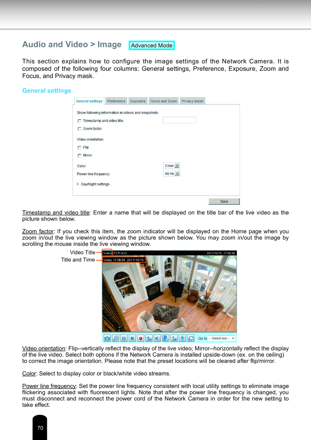 Toshiba Network Camera, IK-WD14A user manual Audio and Video Image, General settings 