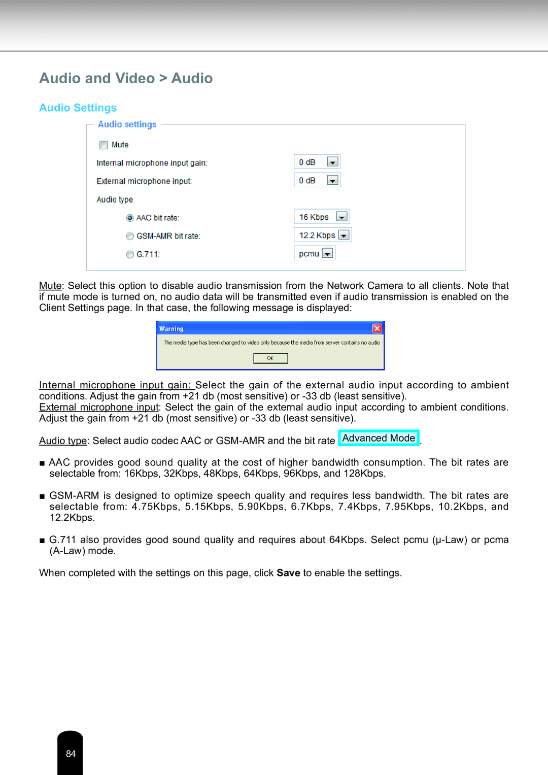 Toshiba Network Camera, IK-WD14A user manual Audio and Video Audio, Audio Settings 