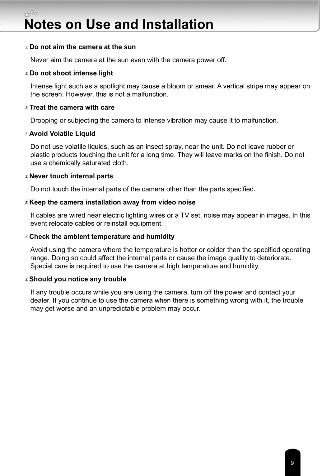 Toshiba IK-WD14A, Network Camera user manual Do not aim the camera at the sun 