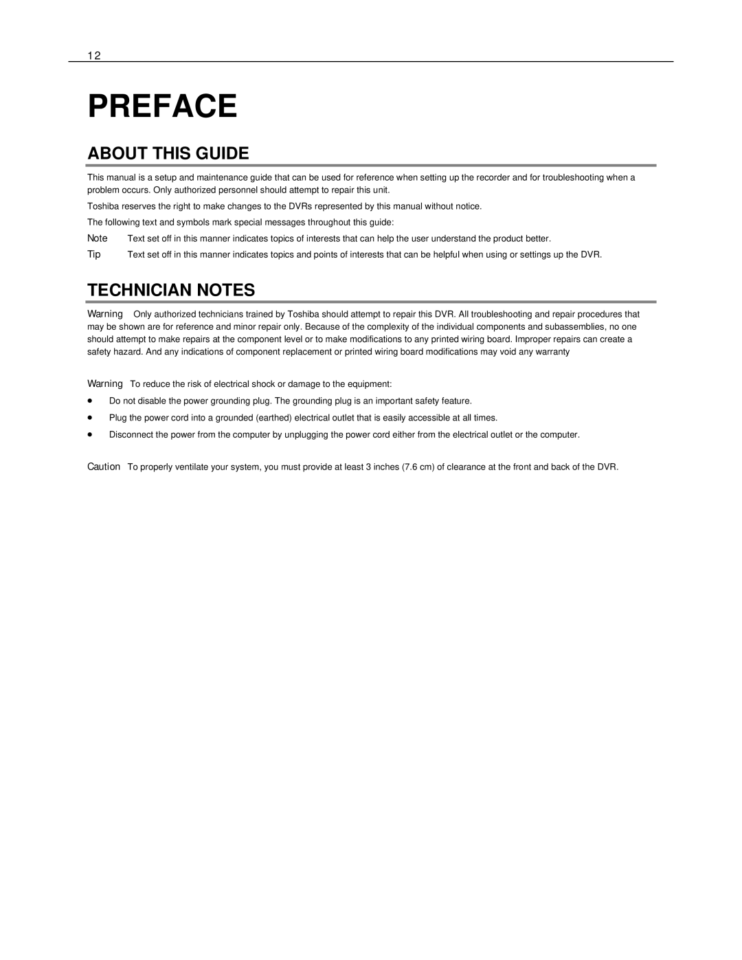 Toshiba IPSe16-X, Network Video Recorder, NVSe32-X, NVSe16-X, NVSe8-X, IPSe32-X Preface, About this Guide, Technician Notes 